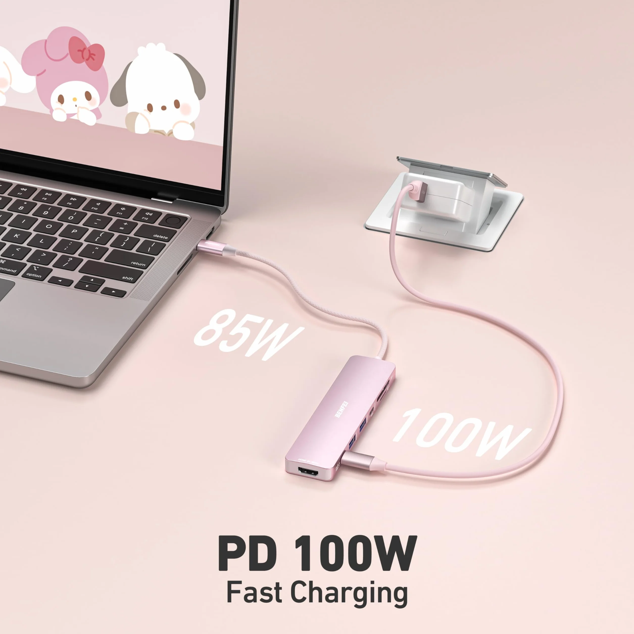 BENFEI Hub USB C 7-en-1 HDMI 4K@60Hz 100W Charge SD/TF MacBook Pro Air iPad Pro iMac Pink