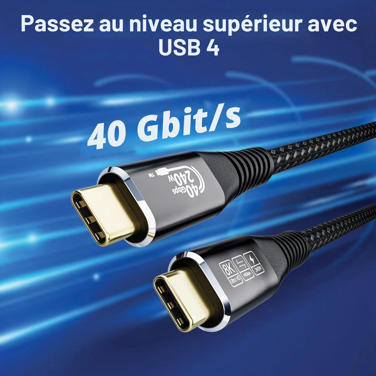 CAKOBLE Câble USB4 3M Transfert de données 40 Gbps，240W câble usb c charge rapide compatible câble thunderbolt 4 câble thunderbolt 3，cable usb c 4.0 Vidéo 8K@60Hz pour Macbook, iPad Pro, i-phone 16