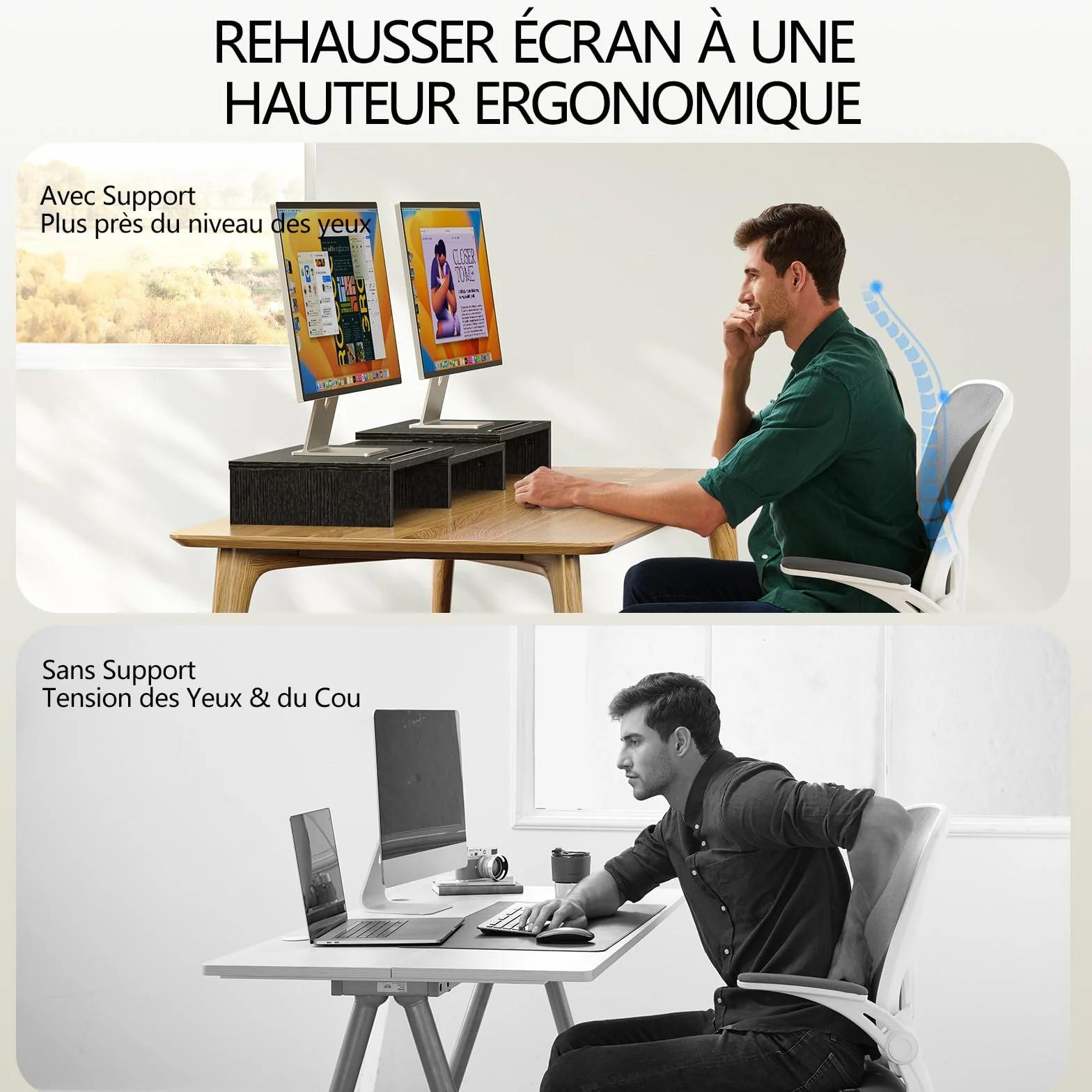 AMERIERGO Support Moniteur Double, Rehausseur Écran PC Bureau Ajustable avec 2 Fentes, Organisateur Bureau Portable