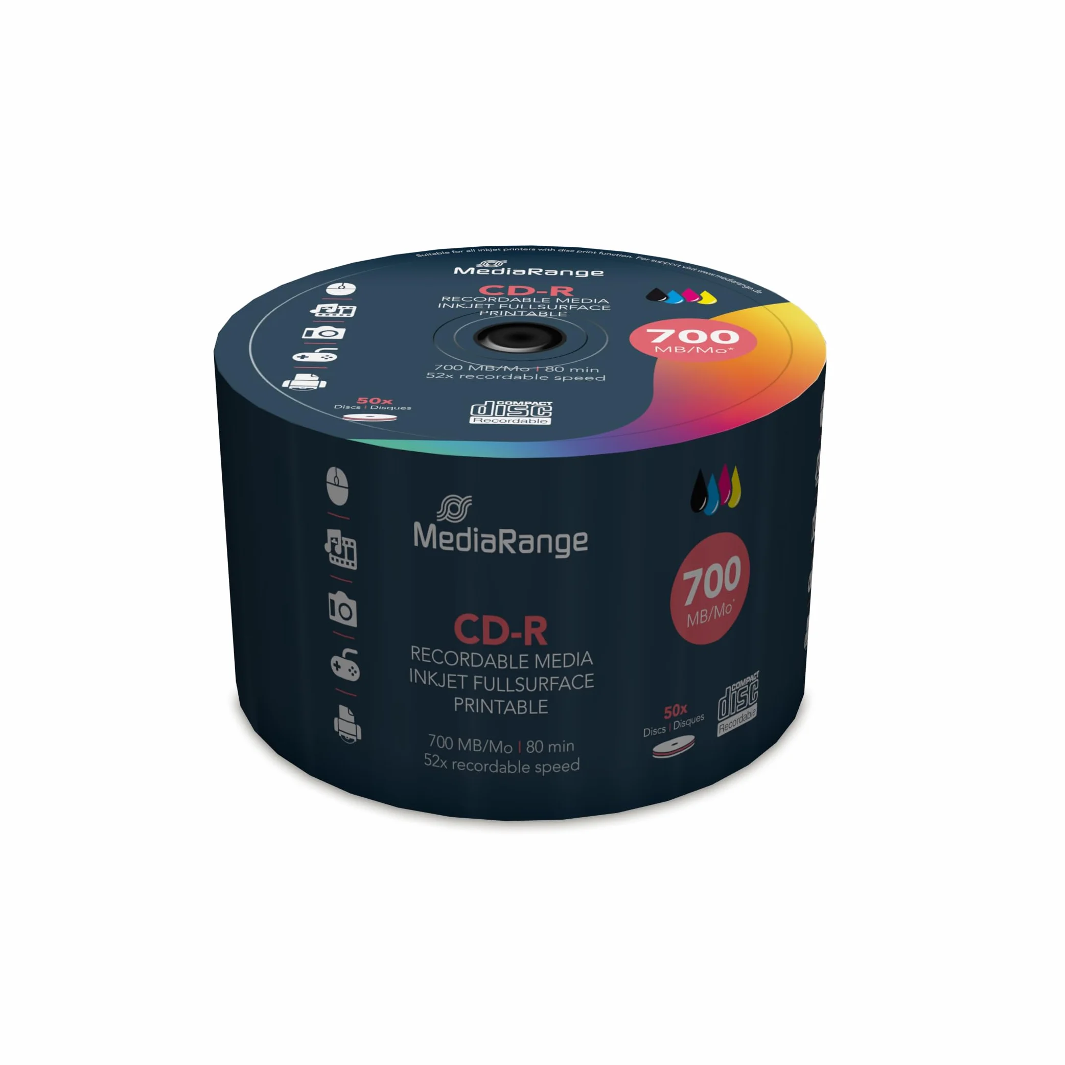 MediaRange CD-R 700 Mo 80 Min 52x Vitesse Imprimable Surface Jet d'encre 50 Cake Box