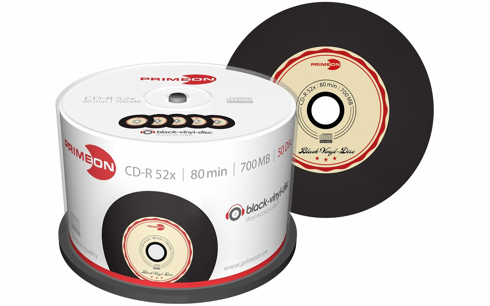 PRIMEON CD-R 80Min 700MB 52x 50 Disques Boîte Noir