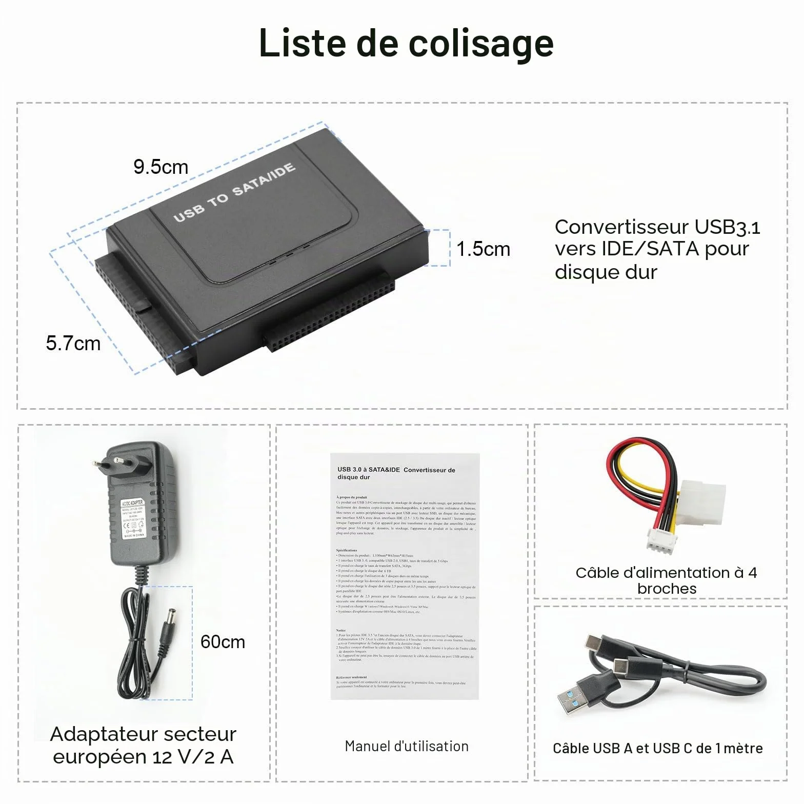 Adaptateur Disque dur USB 3.1 6Gbps pour 2.5" 3.5" HDD SSD SATA IDE Convertisseur avec Câble USB Alimentation 12V 2A
