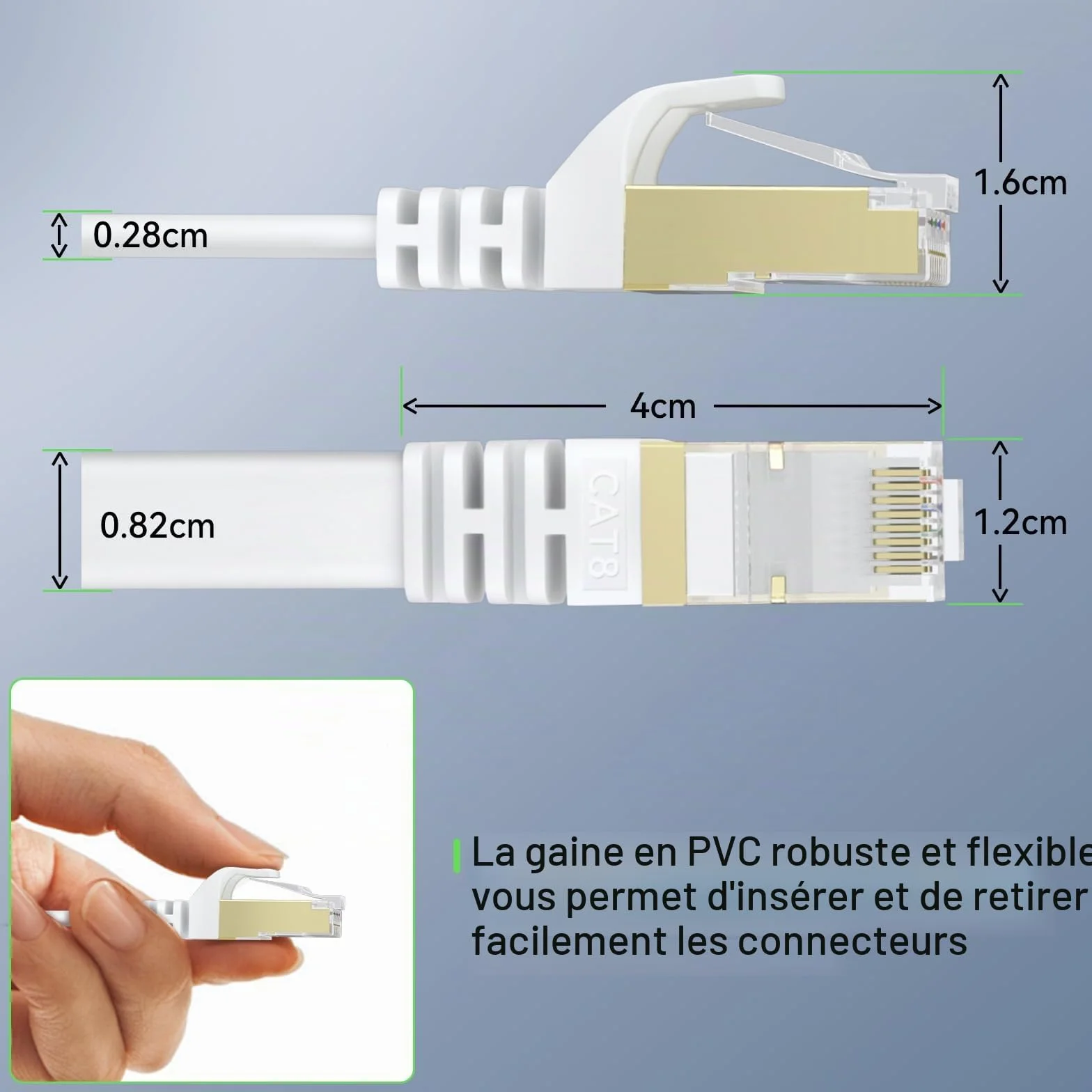 Câble Ethernet Cat 8 20M, Câble Réseau LAN Gigabit RJ45 Plat Haute Vitesse 40Gbps 2000MHz Blanc