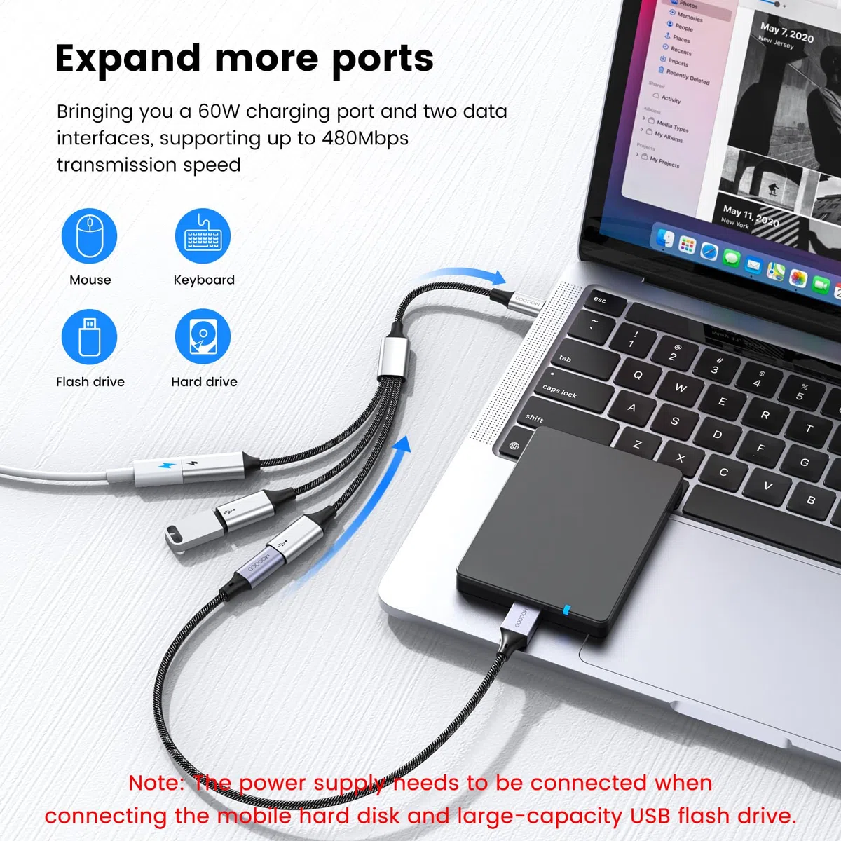 Adaptateur USB C vers USB C femelle, câble USB C mâle vers 3 USB-C femelles, adaptateur répartiteur d'alimentation pour Mac, Xbox One Series X/S, PS4, PS5, ordinateur portable (pas pour moniteur)