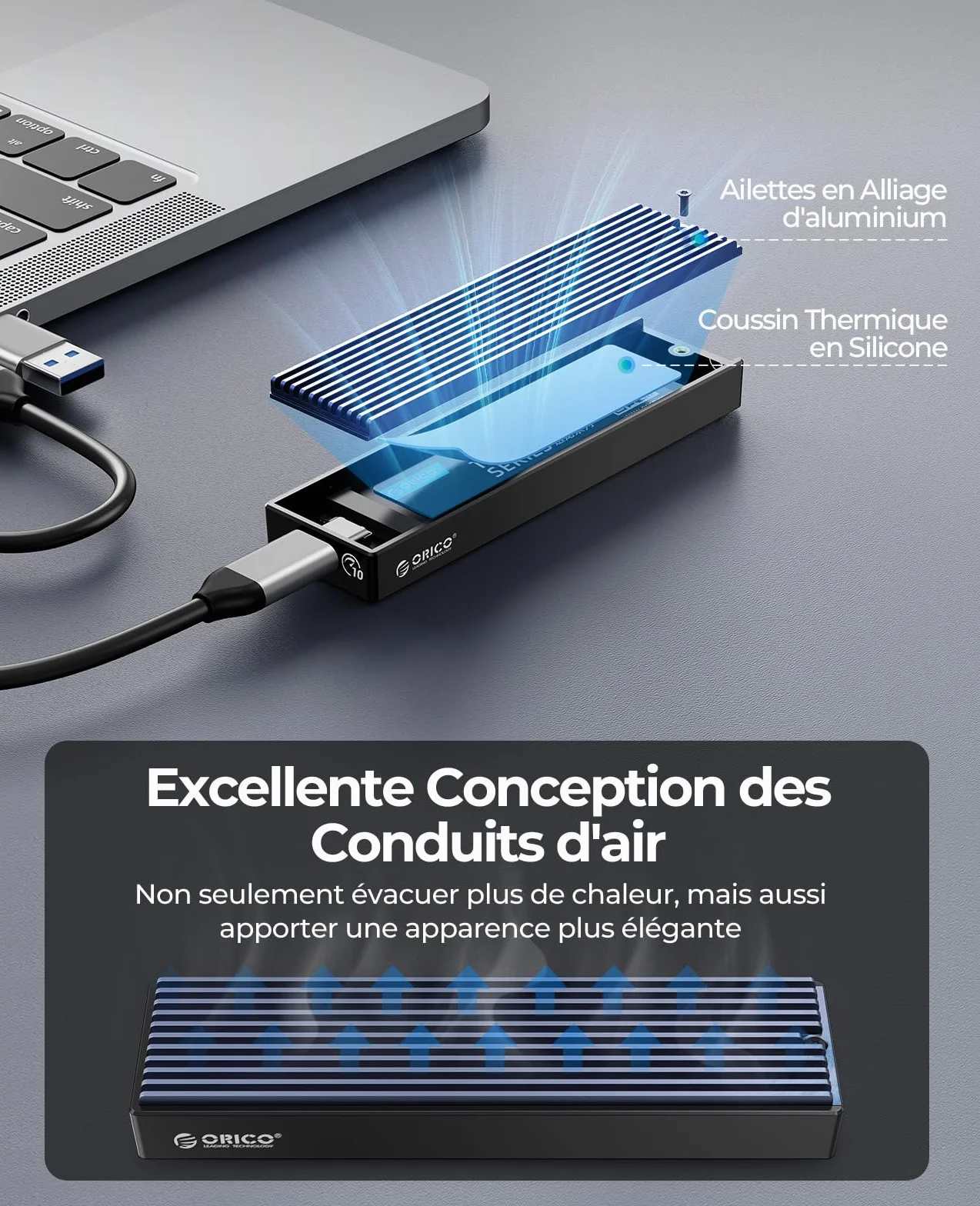 ORICO Boîtier SSD M.2 NVMe 10Gbps USB-C Adaptateur Externe USB3.2 Gen2 pour M.2 PCIe NVMe M-Key 2230/2242/2260/2280