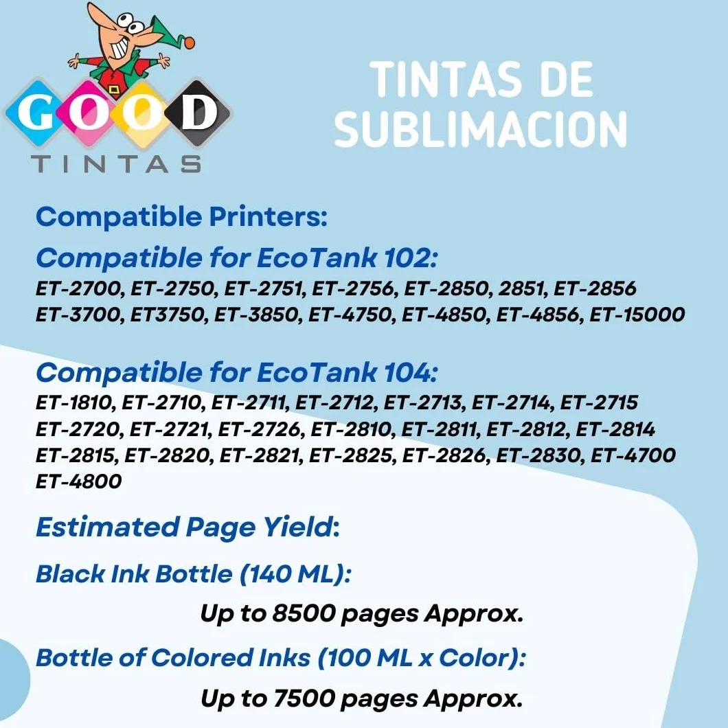 Encre de sublimation 440 ml compatible EP Ecotank Supertank série 102 104 pour transfert de presse de chaleur