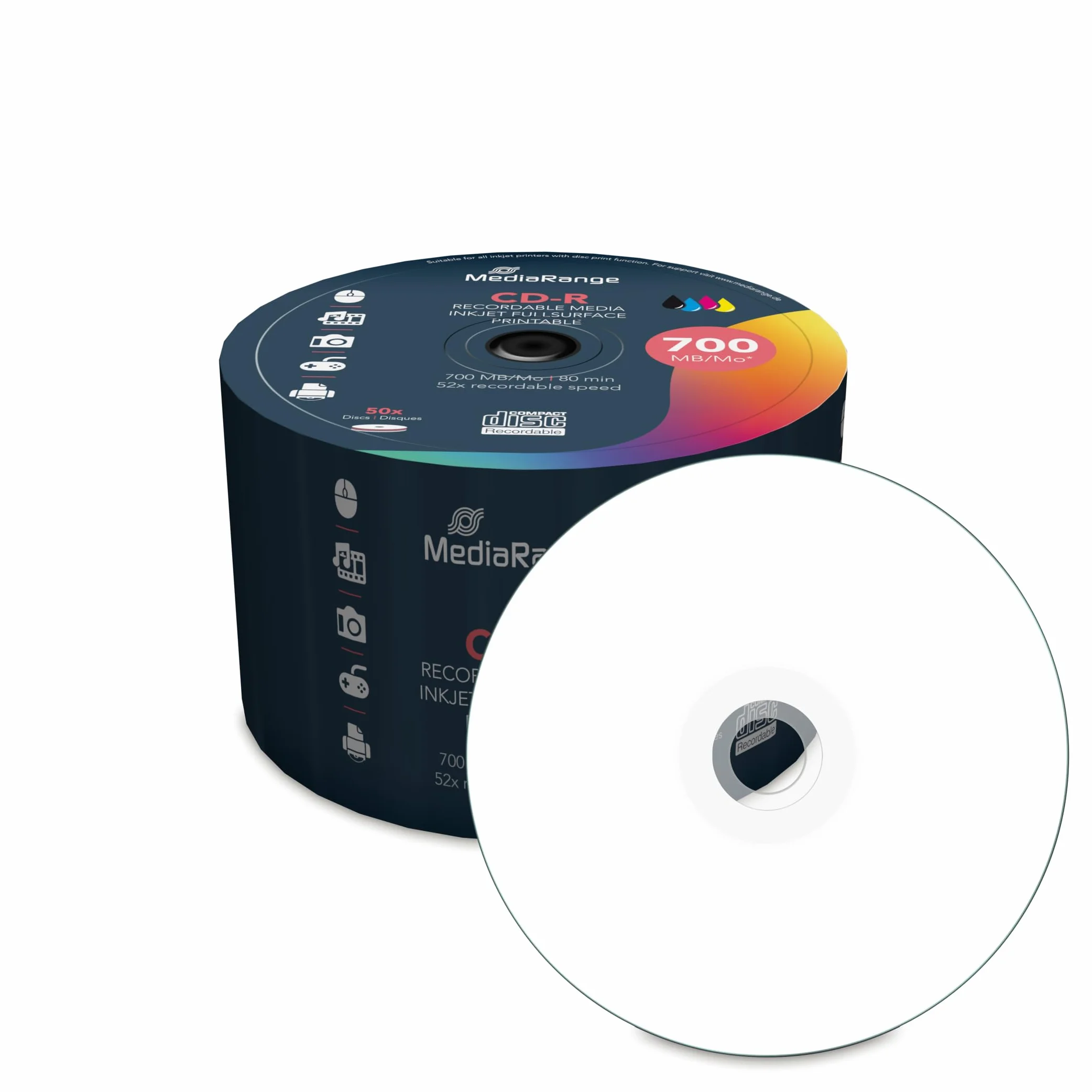 MediaRange CD-R 700 Mo 80 Min 52x Vitesse Imprimable Surface Jet d'encre 50 Cake Box