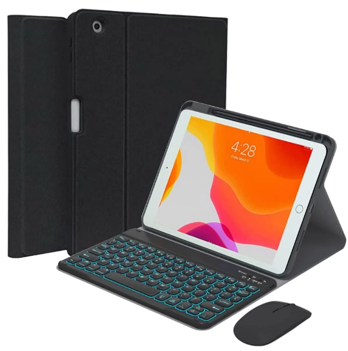 Clavier Coque et Souris pour iPad 9.7", iPad 6eme/5eme Génération 2018/2017, iPad Air 2/1, Pro 9.7, Français AZERTY Clavier Détachable Bluetooth Rétroéclairé avec Fente pour Stylo, Noir