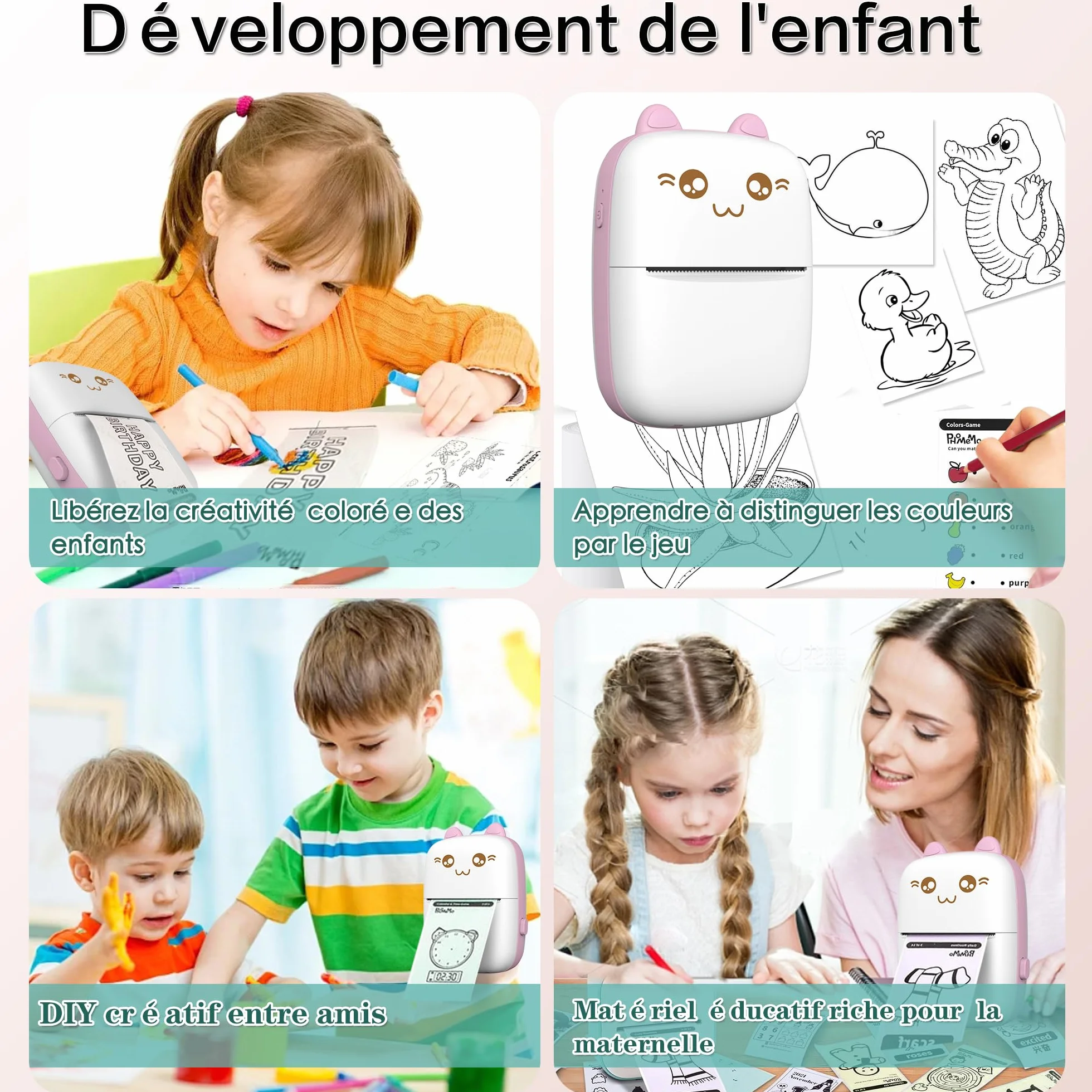 Mini imprimante thermique portable sans fil Bluetooth compatible iOS Android avec 8 rouleaux papier
