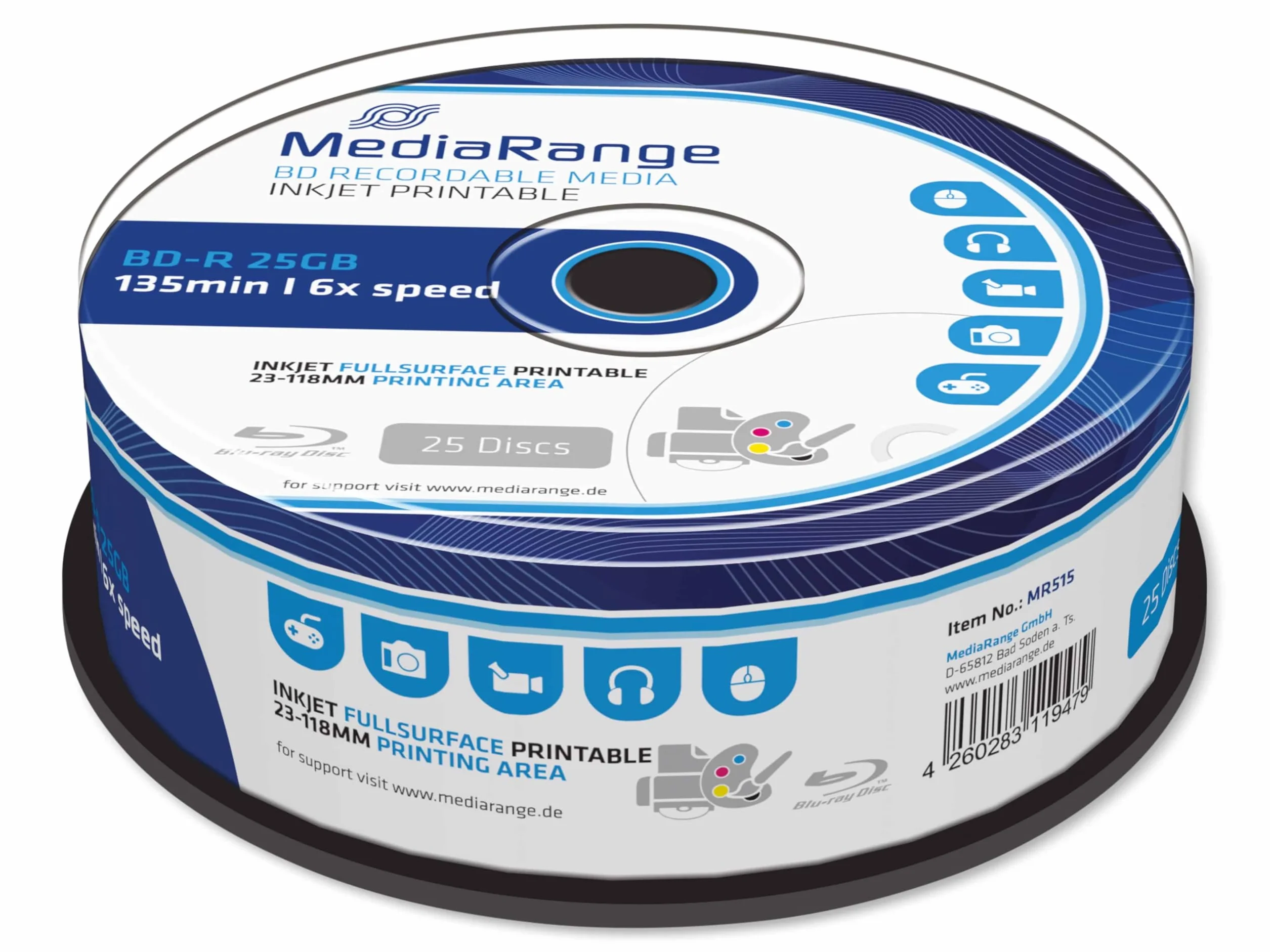 MediaRange MR515 BD-R 25Go 25 pièces disque vierge Blu-Ray 120 mm 6x