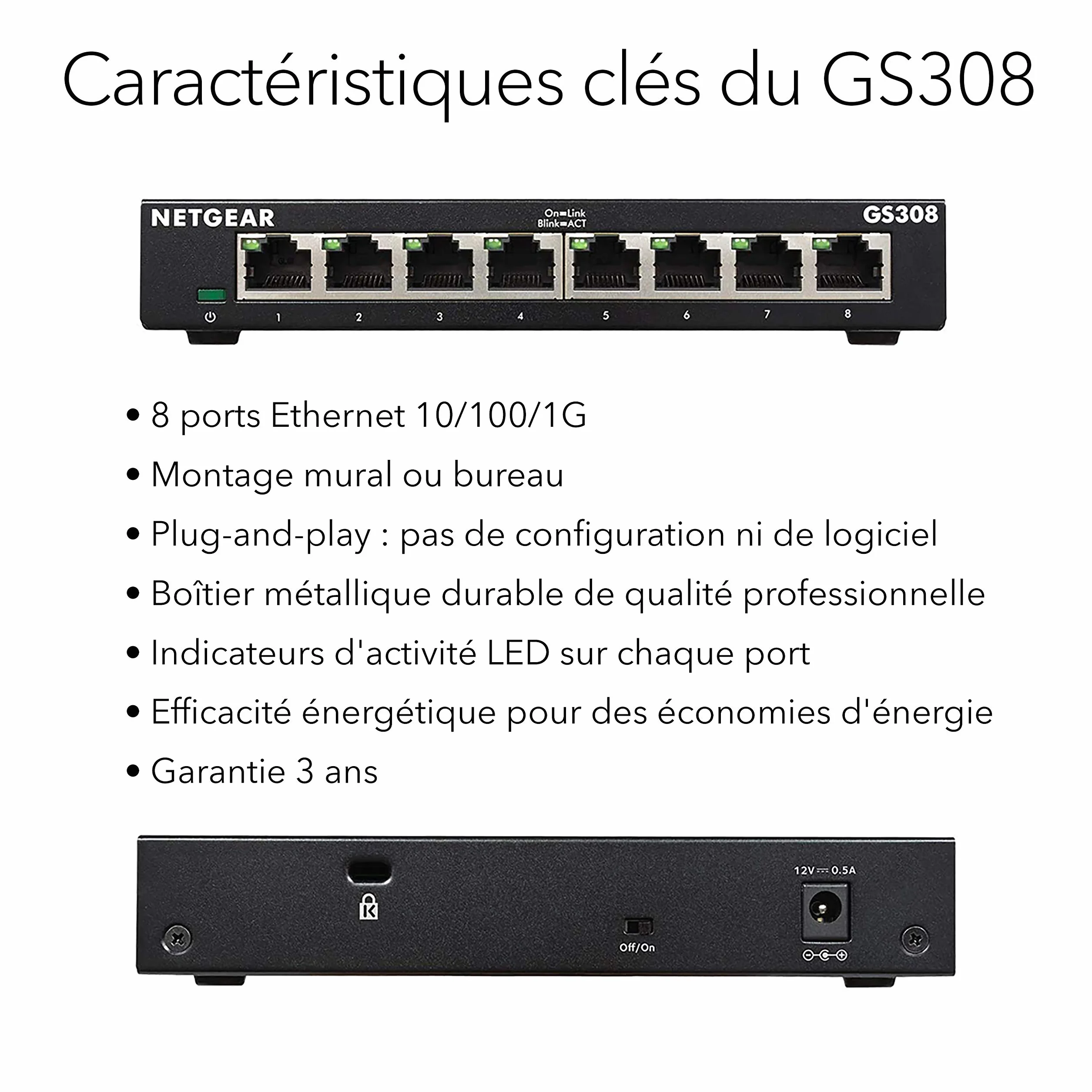 NETGEAR GS308 Switch Ethernet 8 Ports RJ45 Métal Gigabit 10/100/1000 Plug-and-Play Silencieux