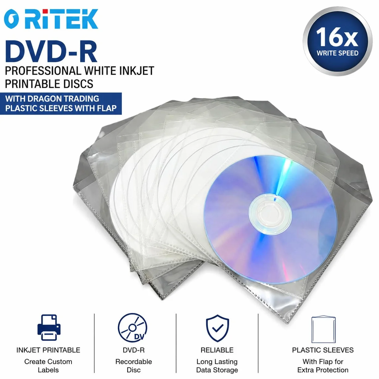Ritek DVD-R 16x vierges imprimables jet d'encre 20 pièces pochettes plastique rabat Blanc