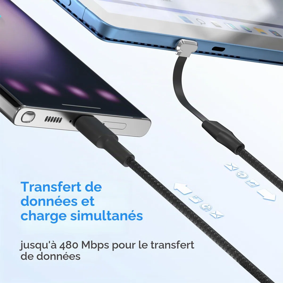 Câble de charge USB C, 60 W, 1 m, port C plat à 90 degrés, transfert de données haute vitesse, compatible avec Samsung S23/S22/S21, iPhone 15 Pro/Pro Max, MacBook Air/Pro, etc.