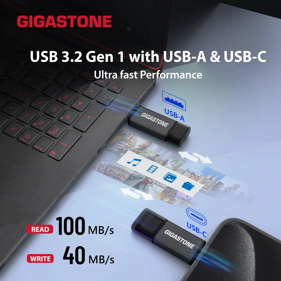 GIGASTONE 128Go Clé USB Double Flash (Lot de 2) Z40 USB 3.2 Gen 1, 2-en-1 Type-A & Type-C, 100Mo/s Ultra Rapide, Plug & Play pour Smartphone/PC/Mac/TV/Voiture, USB 2.0/3.0/3.1 Compatible