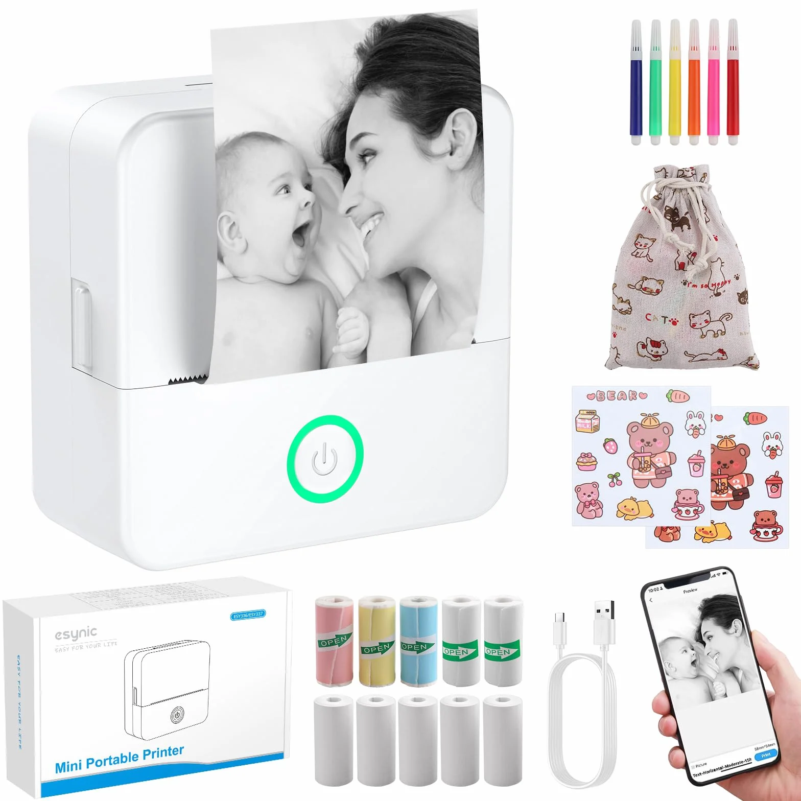 eSynic Mini Imprimante Portable Thermique Noir et Blanc Bluetooth Compatible Android iOS avec Étiquettes Adhésives Sac