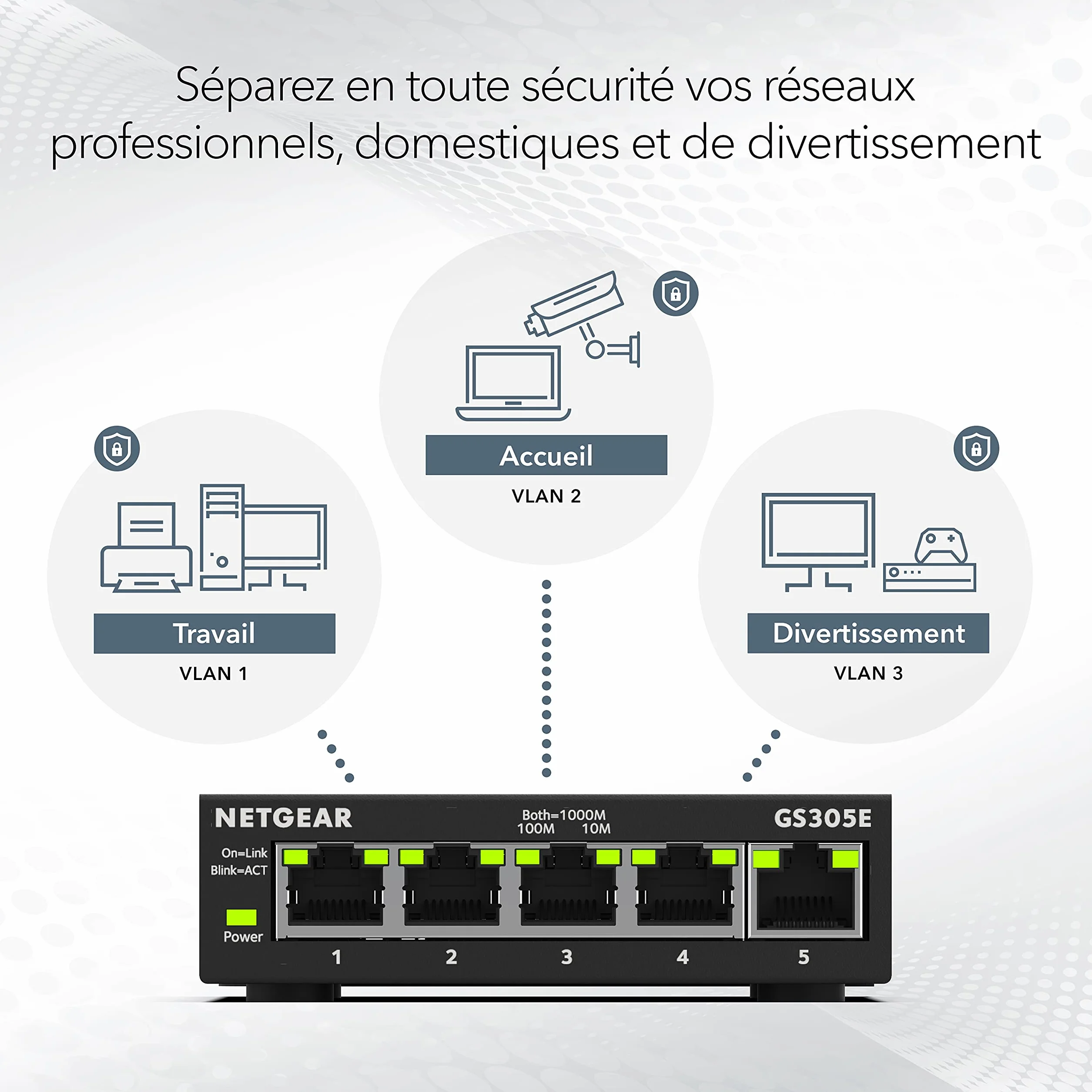 NETGEAR GS305E Switch Ethernet 5 Ports RJ45 Métal Gigabit 10/100/1000 Manageable Plus Bureau Mur Plug and Play Silencieux