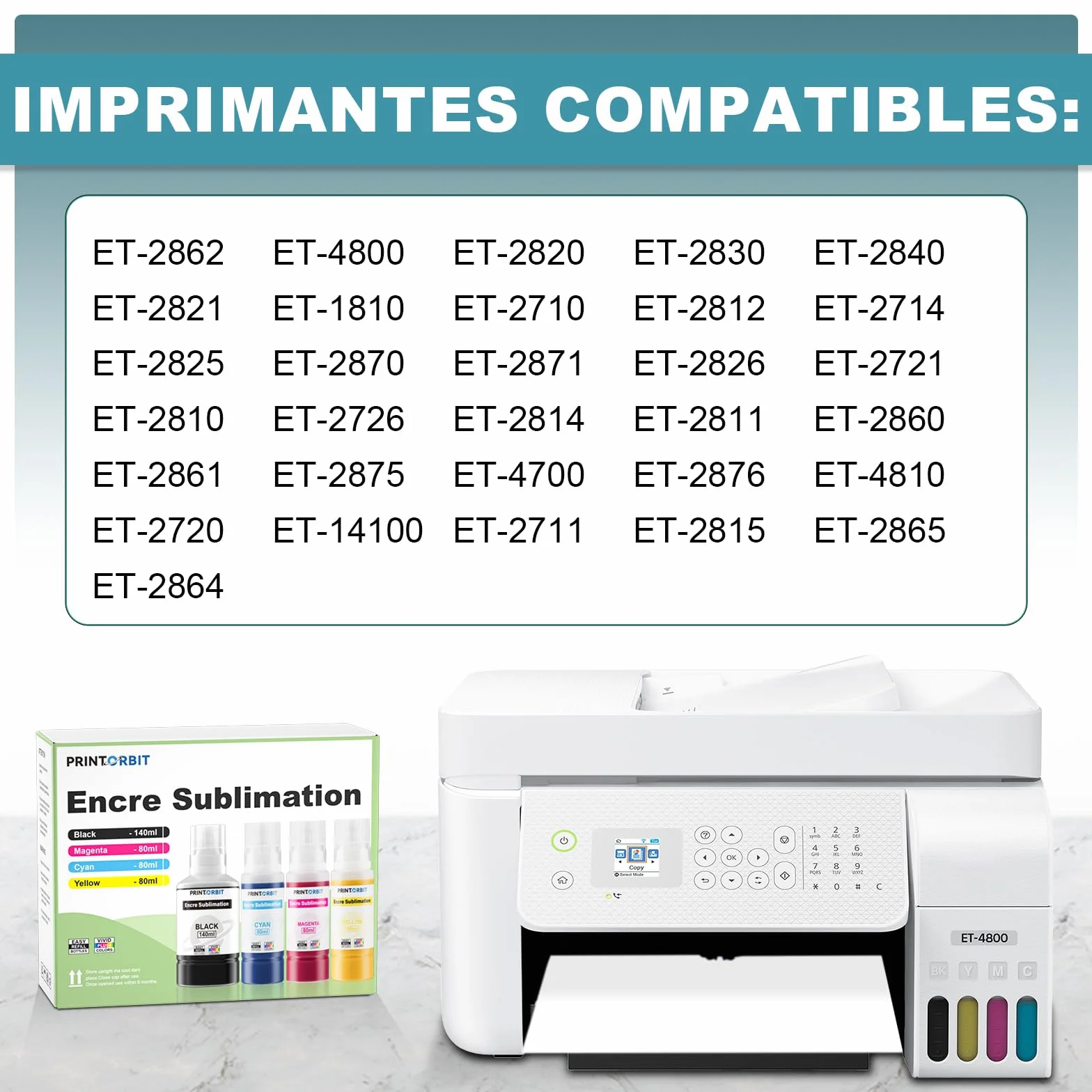 Encre Sublimation Compatible Epson Ecotank ET-2876 ET-1810 ET-2826 ET-2861 ET-2870 ET-2871 ET-2865 ET-15000 ET-2810 ET-2856