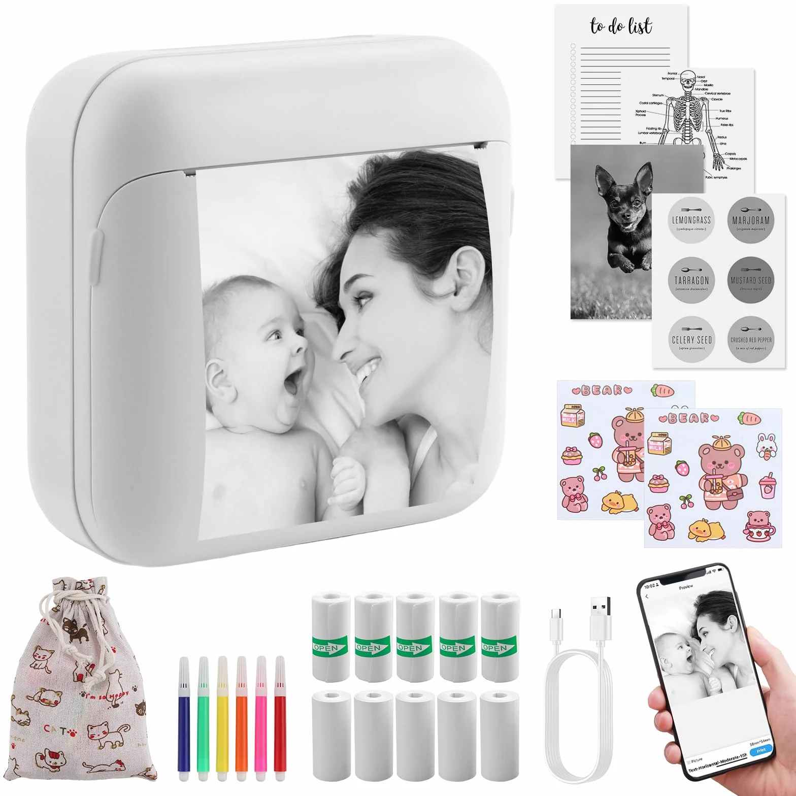 eSynic Mini Imprimante Thermique Portable 85×83×40mm 203DPI Bluetooth sans Encre Compatible iOS Android