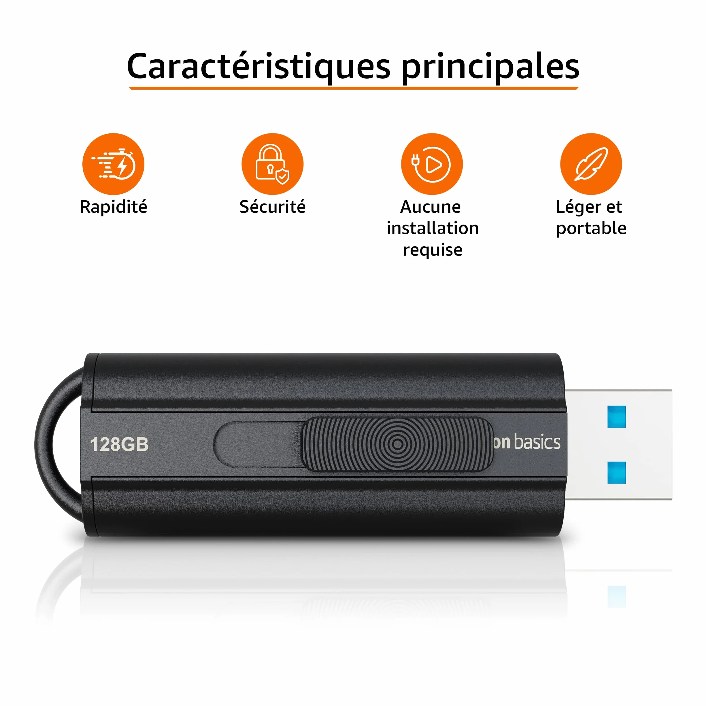 Amazon Basics 128 Go Clé USB 3.1 Noir, vitesse de lecture 130 Mo/s