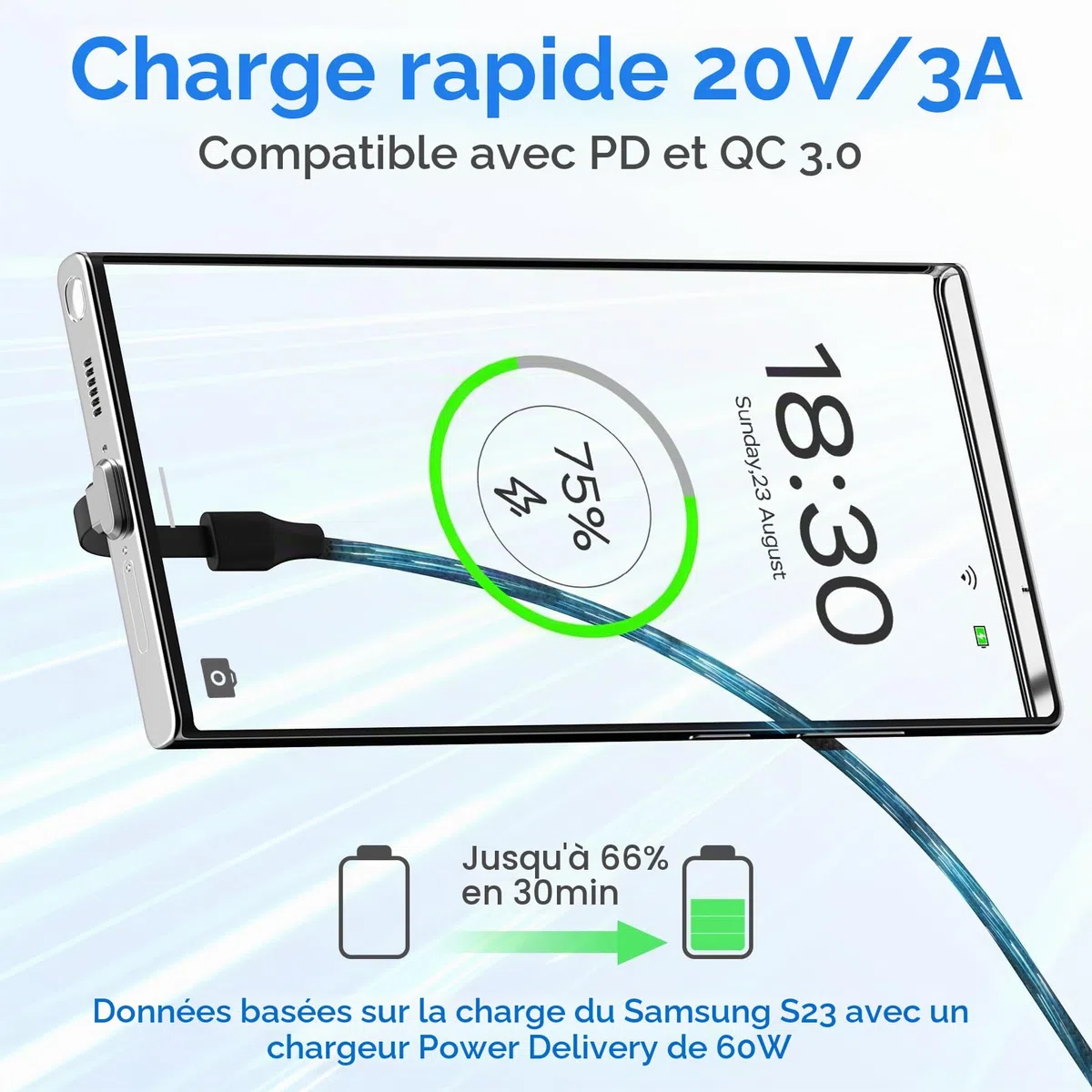 Câble de charge USB C, 60 W, 1 m, port C plat à 90 degrés, transfert de données haute vitesse, compatible avec Samsung S23/S22/S21, iPhone 15 Pro/Pro Max, MacBook Air/Pro, etc.