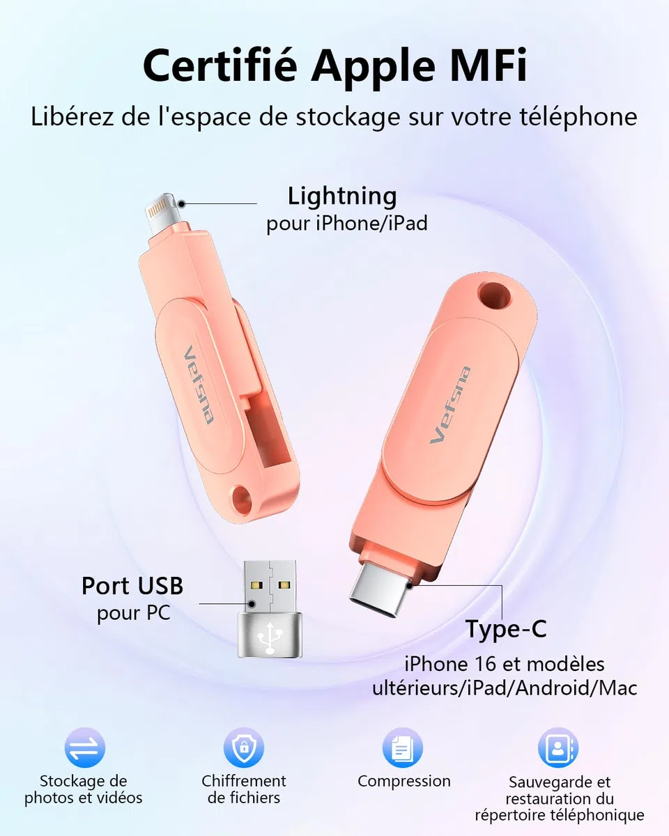 【sans APP】 Certifiée MFi Clé USB 512 Go, Cle USB iPhone Stockage Externe, Clé USB C 3 en 1 Clef USB 3.0 Stockage Transfert Photos Est Idéale pour Voyageurs, Memoire pour iPhone/iPad/Android/PC Rose