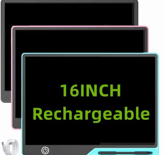 Tablette d'écriture LCD 16" avec batterie rechargeable USB 200 mAh, verrouillage écran, écran couleur unique, bloc dessin numérique 41 cm