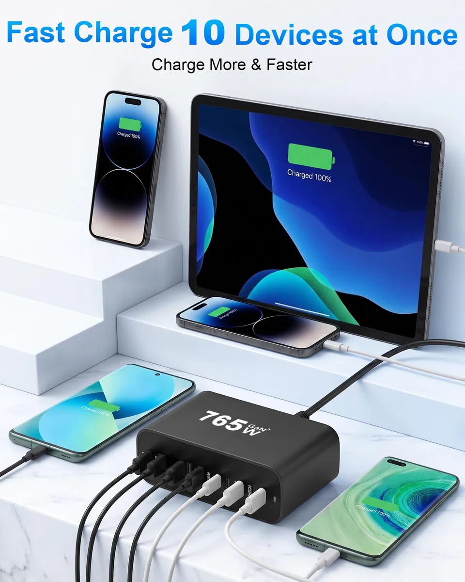 Chargeur USB C GaN 765W 10 Ports PD 3.1 140W pour PC Portable Mobile