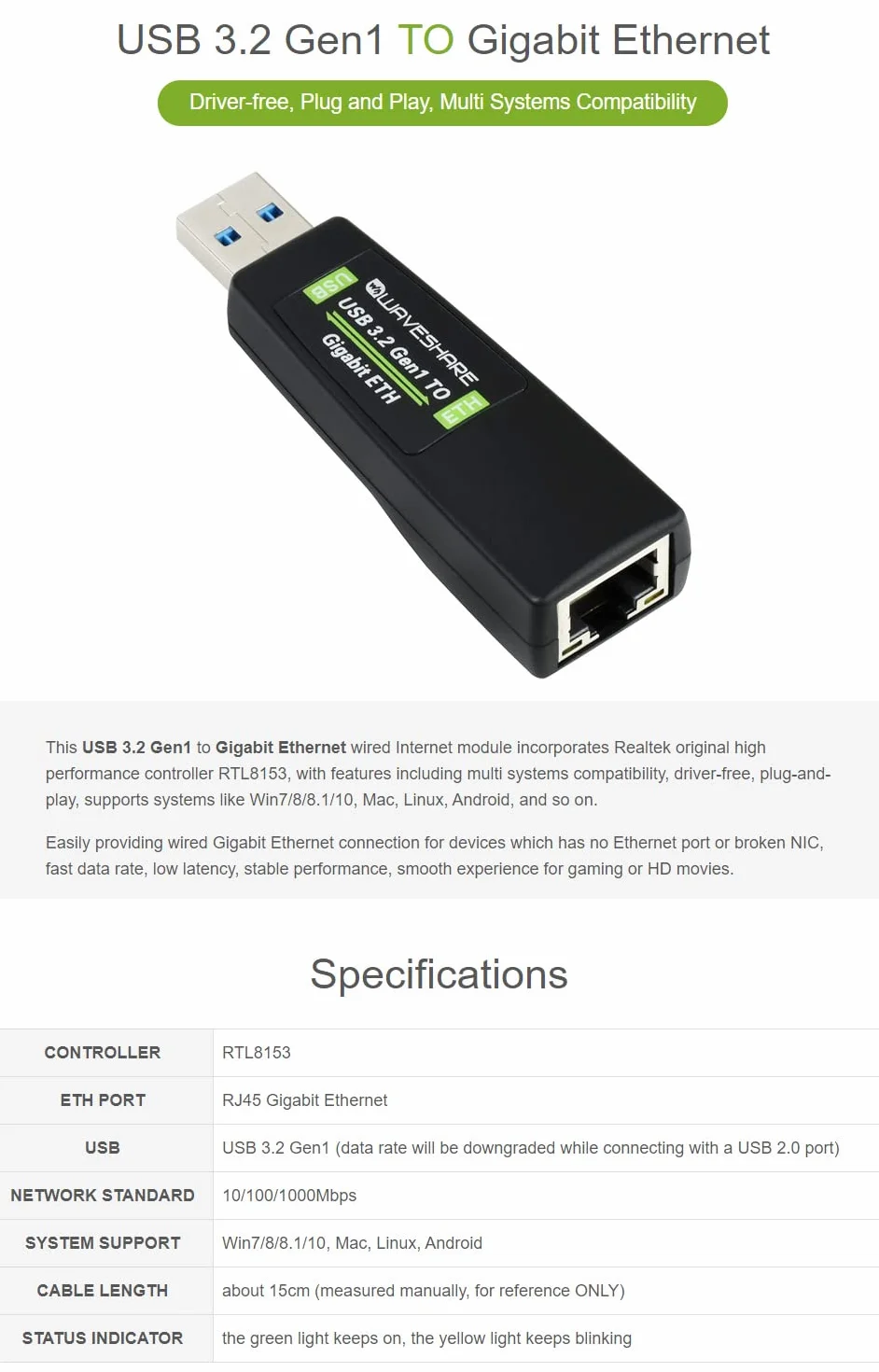 Waveshare USB 3.2 Gen1 to Gigabit Ethernet Converter Driver-Free Plug and Play