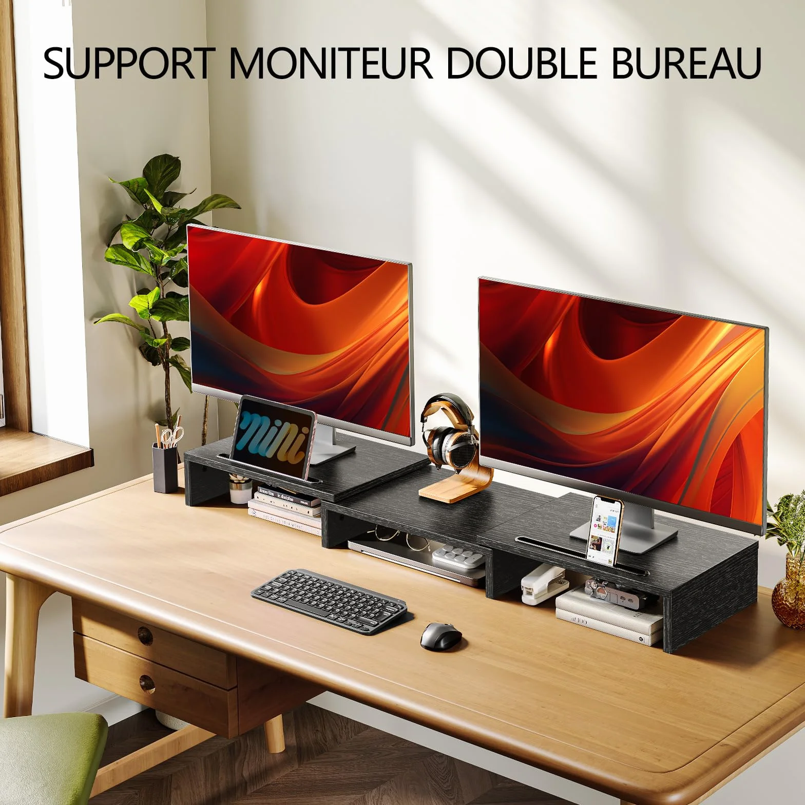 AMERIERGO Support Moniteur Double, Rehausseur Écran PC Bureau Ajustable avec 2 Fentes, Organisateur Bureau Portable