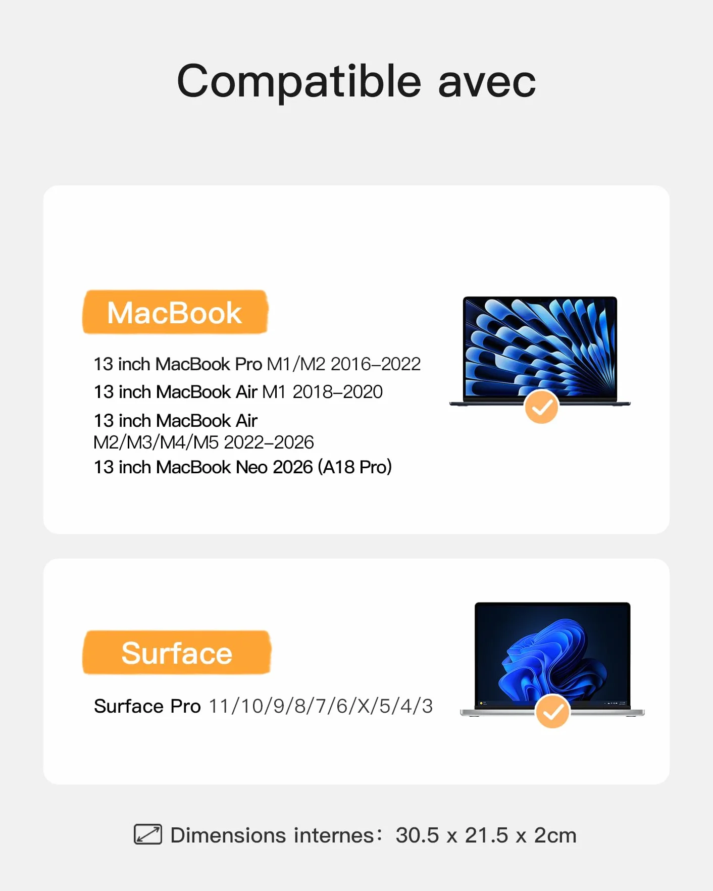 Inateck Housse 13 Pouces Ordinateur Portable pour MacBook Air M5/M4/M3/M2/M1 2026-2018, MacBook Neo 2026, MacBook Pro M2/M1 2022-2016, Surface Pro 11/10/9/X/8/7/6/5, Noir Gris