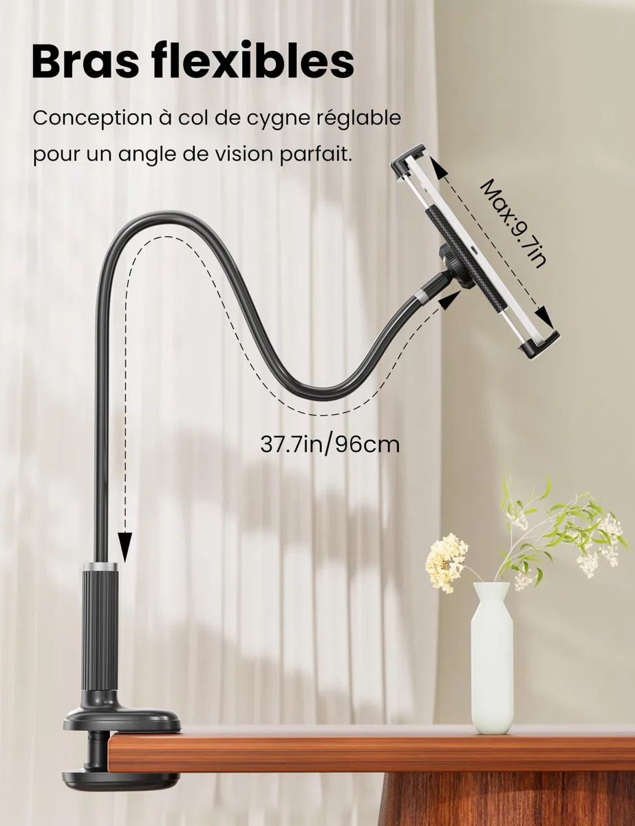 VOLTIFYMAX Support pour Tablet avec Tourne-Page Kindle pour Lecture au Lit, Bras Flexible Réglable pour Accessoires Kindle/Tablettes/iPhone 4.7''-11'', Idéal pour Lecteurs Numériques