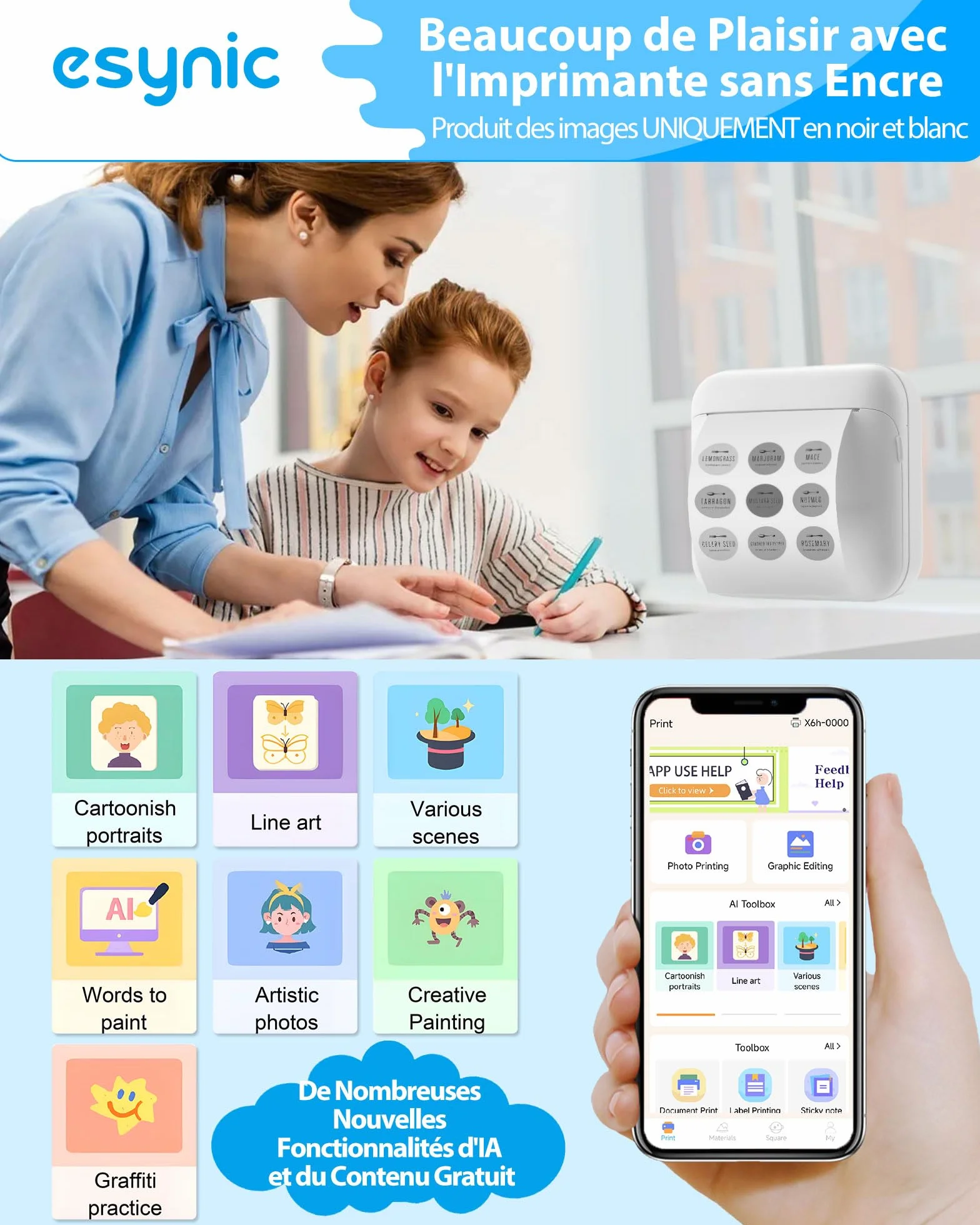 eSynic Mini Imprimante Thermique Portable 85×83×40mm 203DPI Bluetooth sans Encre Compatible iOS Android