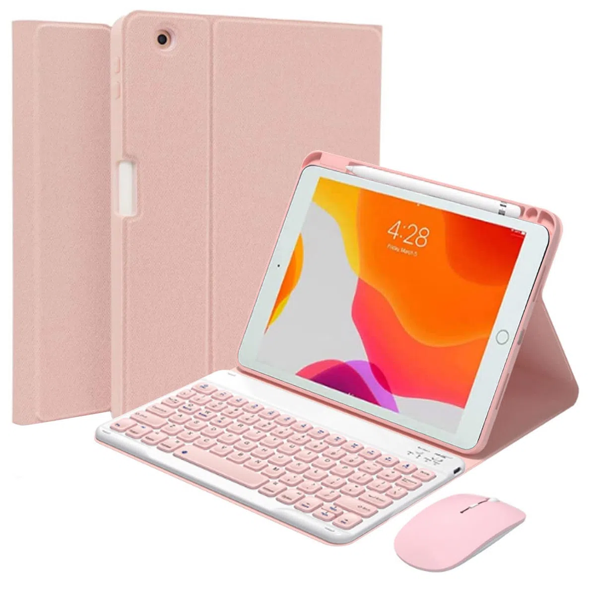 Clavier Coque et Souris pour iPad Pro 12.9 2015/2017, 1ère/2ème Génération, A1584/A1652/A1670/A1671/A1821, Français AZERTY Clavier Bluetooth Détachable Magnétique avec Fente pour Stylo, Rose