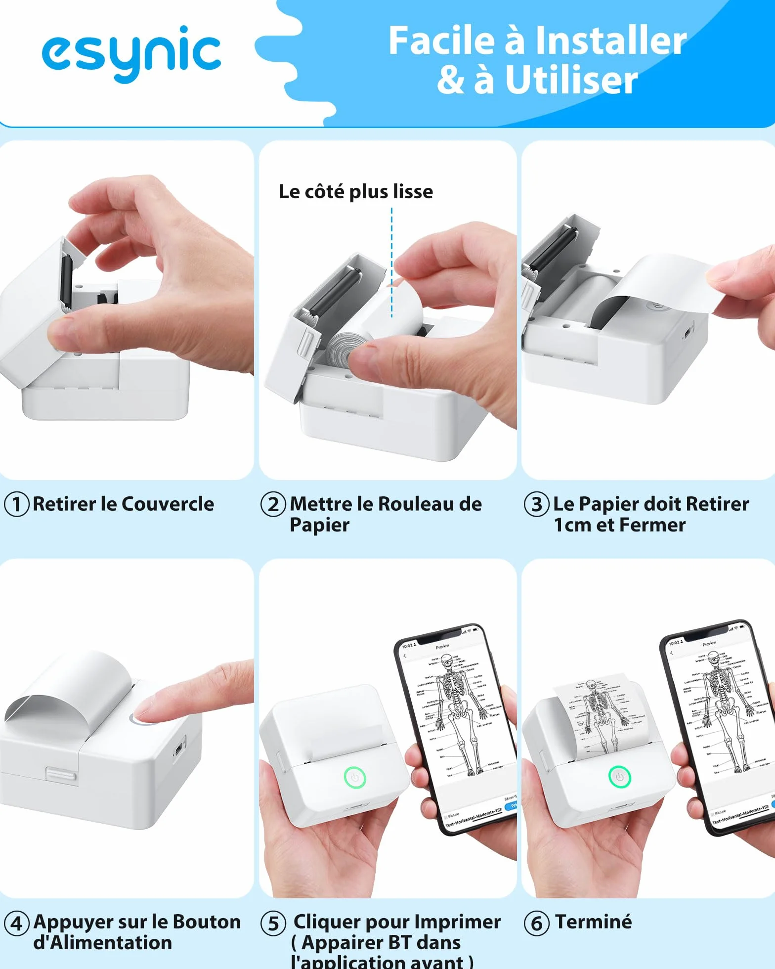 eSynic Mini Imprimante Portable Thermique Noir et Blanc Bluetooth Compatible Android iOS avec Étiquettes Adhésives Sac