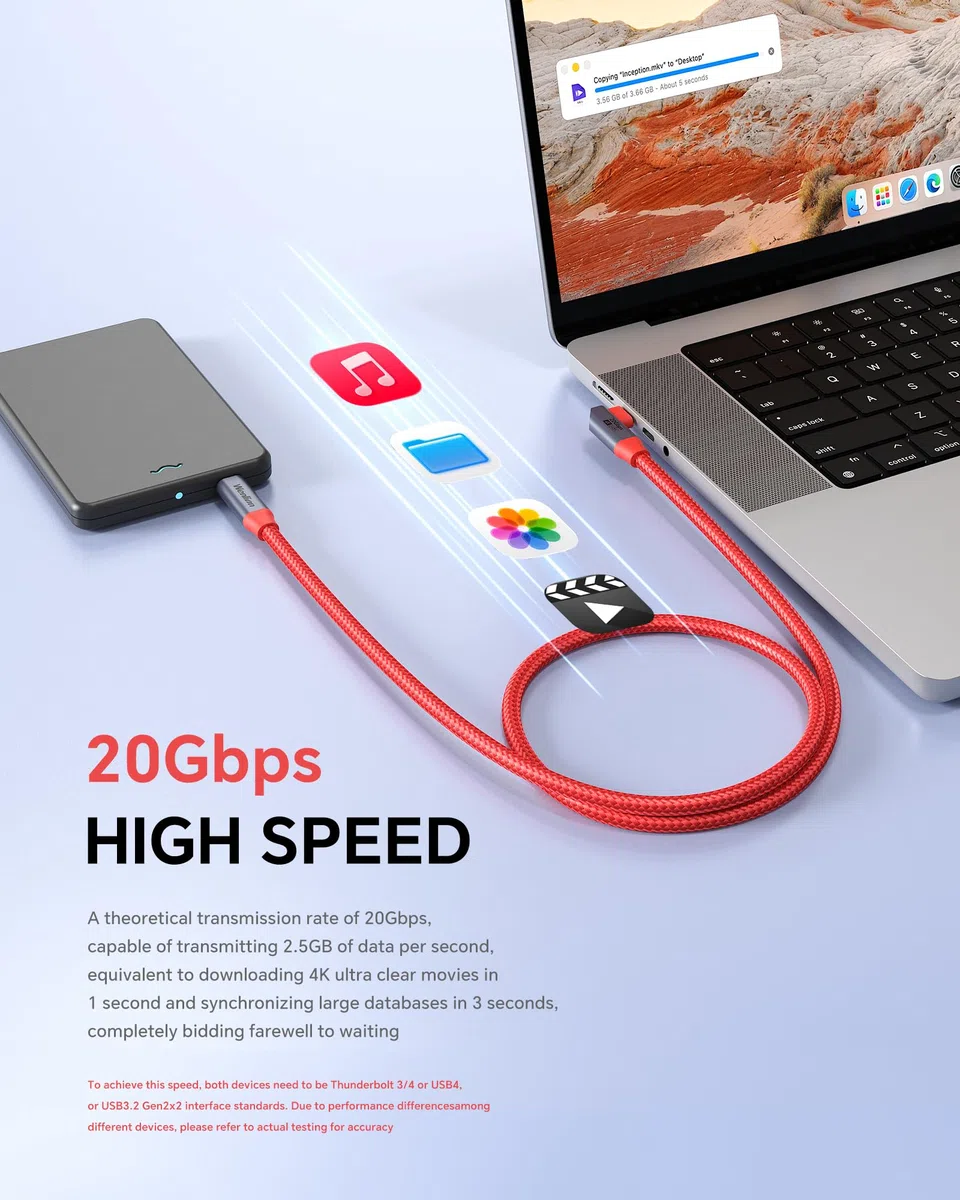 Câble de données USB-C vers USB-C 20 Gbit/s, USB 3.2 Gen 2 x 2 en nylon tressé haut débit de type C pour transfert de données et connexion d'appareils (LL 5 m)
