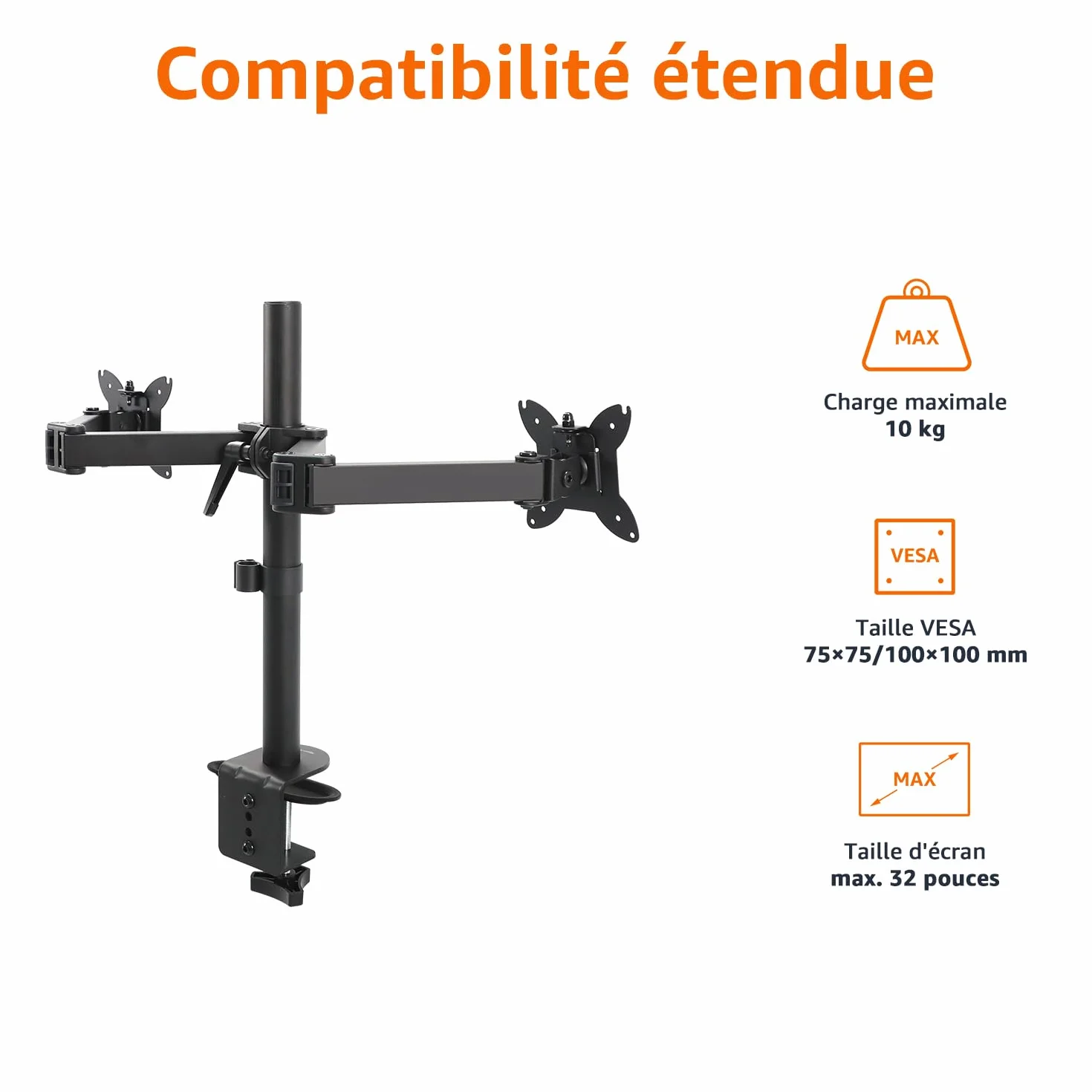 Amazon Basics Support de Bureau Réglable pour Deux Écrans, Compatible VESA 75x75/100x100, Noir