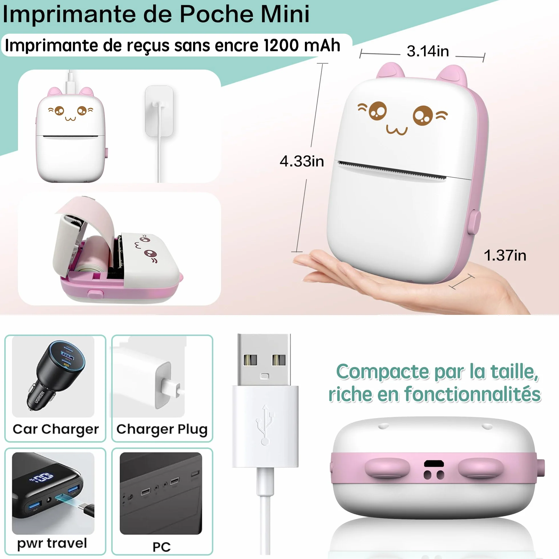 Mini imprimante thermique portable sans fil Bluetooth compatible iOS Android avec 8 rouleaux papier