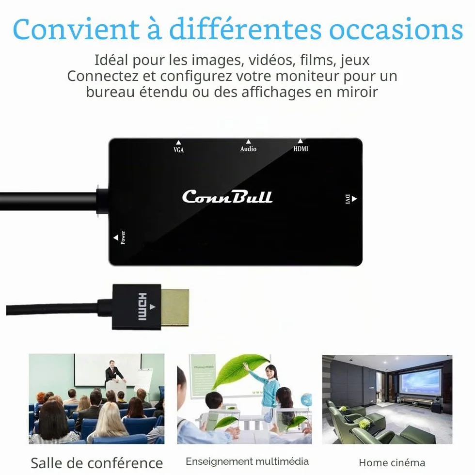 Adaptateur HDMI vers VGA DVI HDMI 1080p HD Convertisseur Vidéo Audio Multiport Noir