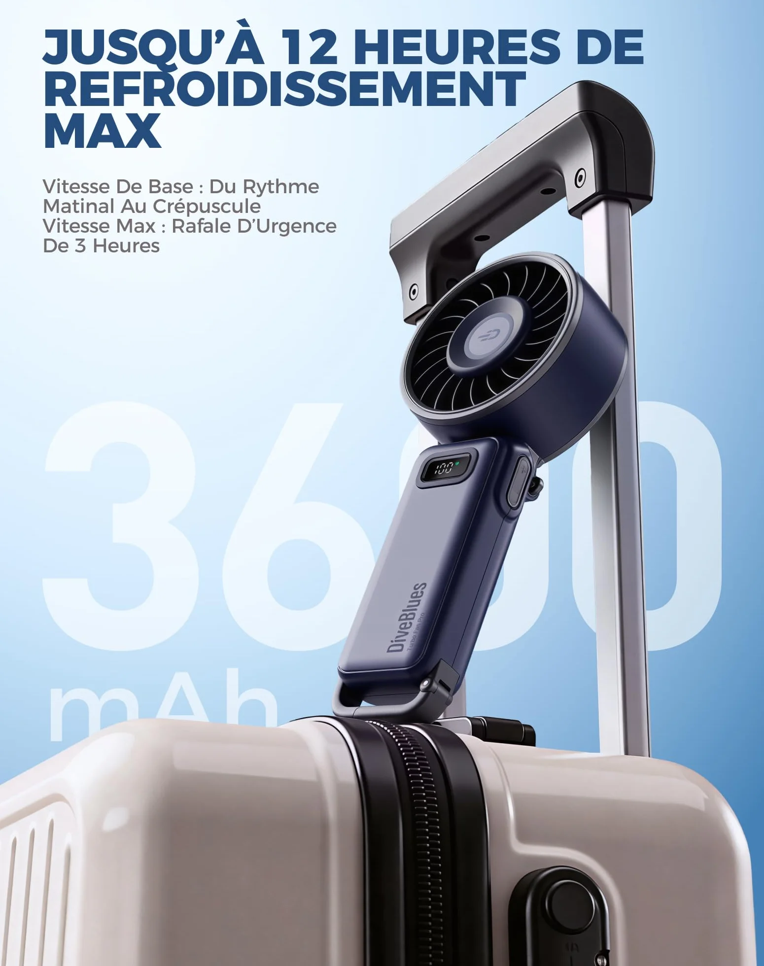 Diveblues Mini Ventilateur Portable Turbo 100 Vitesses Flux d'Air 7,4 m/s Pliable 4-en-1 Rechargeable