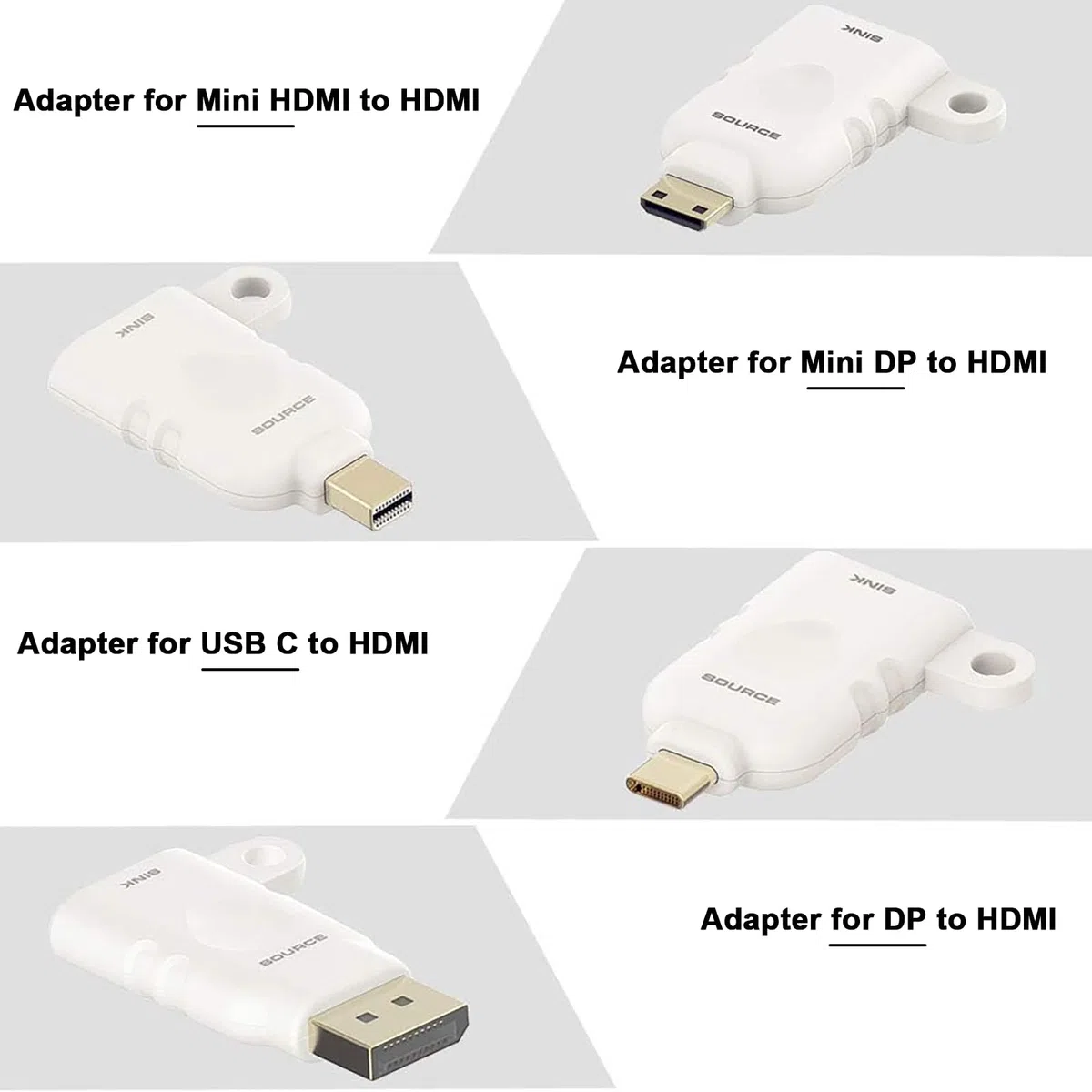 Bague adaptateur HDMI universelle - USB C, Displayport, Mini DP, Mini HDMI vers HDMI de bureau Video Convertisseur. Quatre adaptateurs avec boucle de sécurité - POCKET PANDA