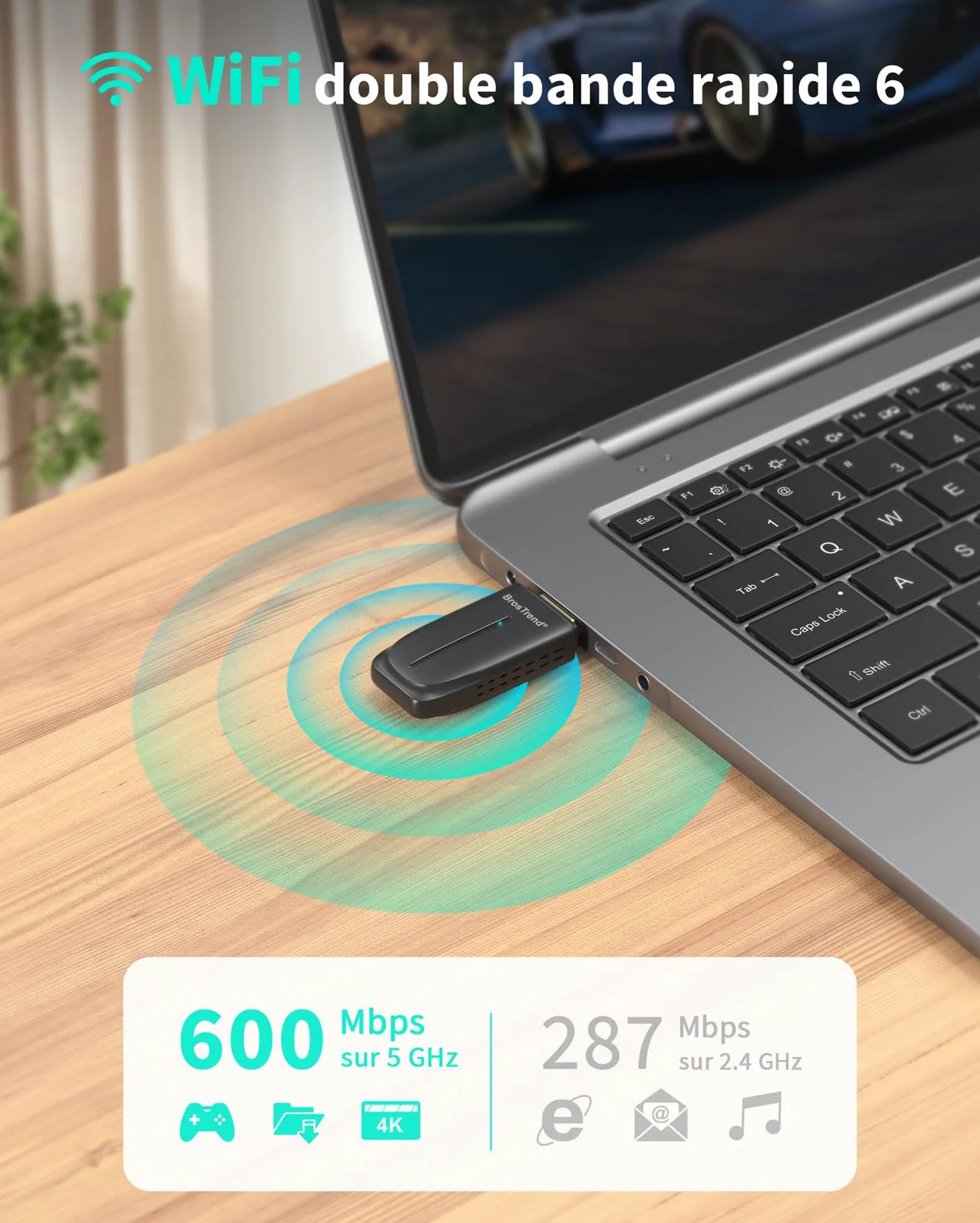 BrosTrend Clé WiFi Bluetooth PC AX900 BT 5.4 WiFi 6 USB Adaptateur Double Bande 5GHz 600Mbps 2.4GHz 286Mbps MU-MIMO