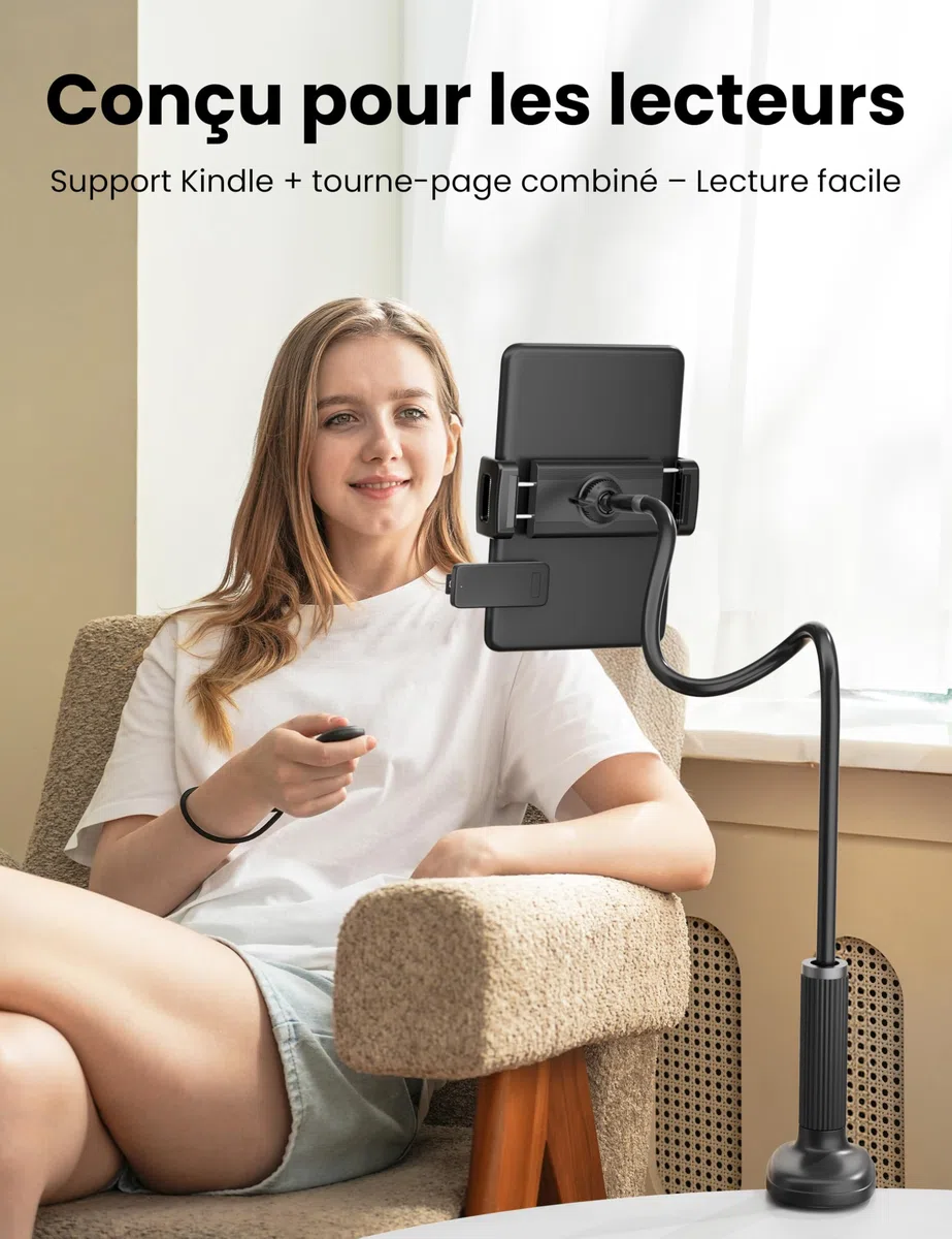 VOLTIFYMAX Support pour Tablet avec Tourne-Page Kindle pour Lecture au Lit, Bras Flexible Réglable pour Accessoires Kindle/Tablettes/iPhone 4.7''-11'', Idéal pour Lecteurs Numériques