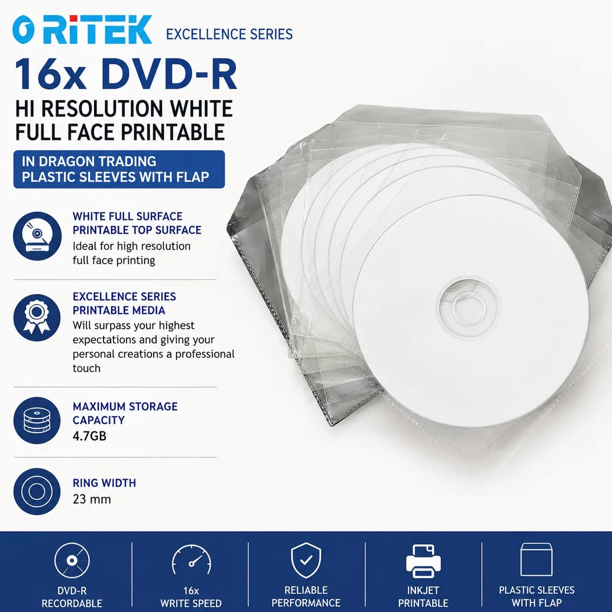 Ritek DVD-R 16x vierges imprimables jet d'encre 20 pièces pochettes plastique rabat Blanc