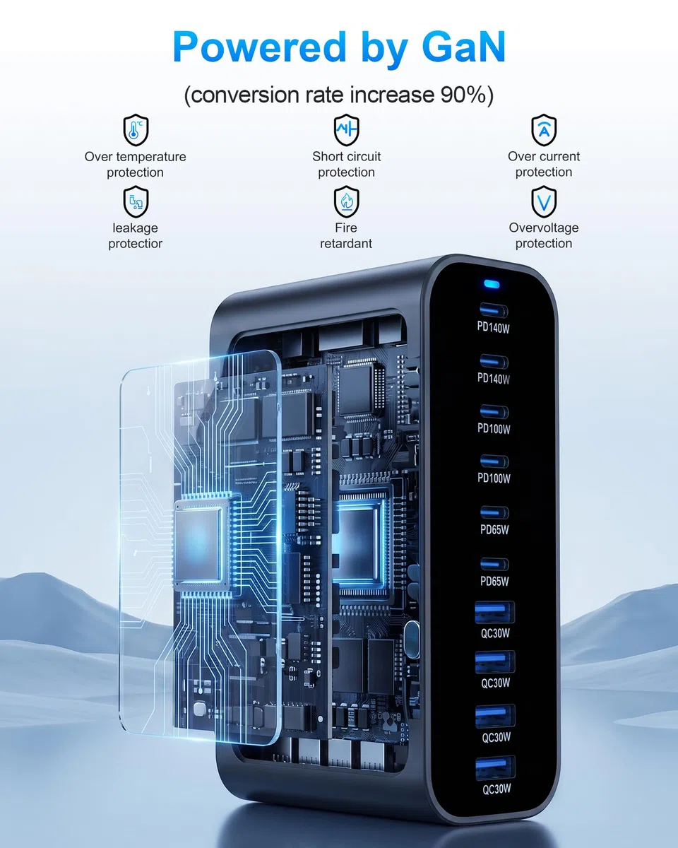 Chargeur USB C GaN 765W 10 Ports PD 3.1 140W pour PC Portable Mobile