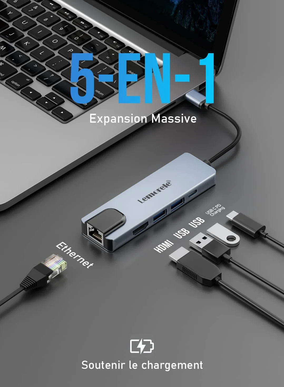 Lemorele Hub USB C 5-en-1 Adaptateur Multiport Ethernet RJ45 4K HDMI 2 USB 3.0 PD 100W