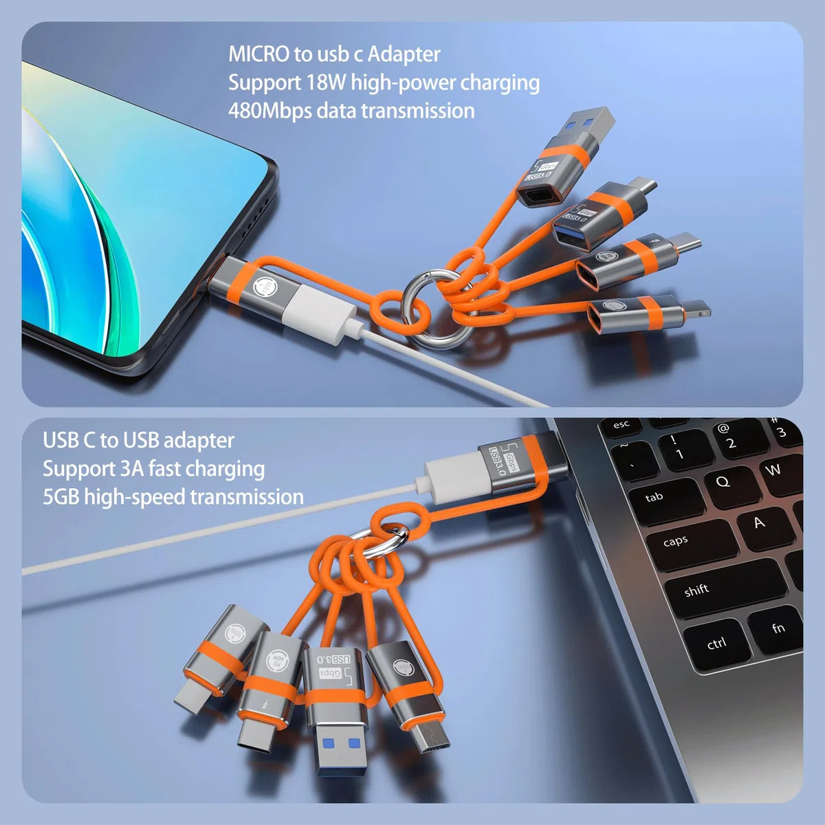 Adaptateur USB vers USB-C, adaptateur USB-C vers USB, convertisseur USB-C vers micro, adaptateur IP vers Type-C et adaptateur Type-C vers IP (5 pièces au total), prenant en charge la charge rapide OTG