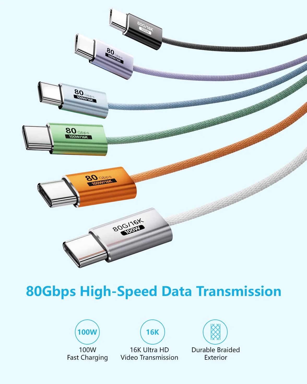 [Bleu,Lot de 2 1M USBC Vers USBC 80Gbps Transfert Données Compatible avec Thunderbolt 5/4/3,Câble USB-C Charge Rapide 100W,16K/8K/4K Video pour Moniteur,Laptop,SSD,Docking,Hub,Carplay,eGPU.