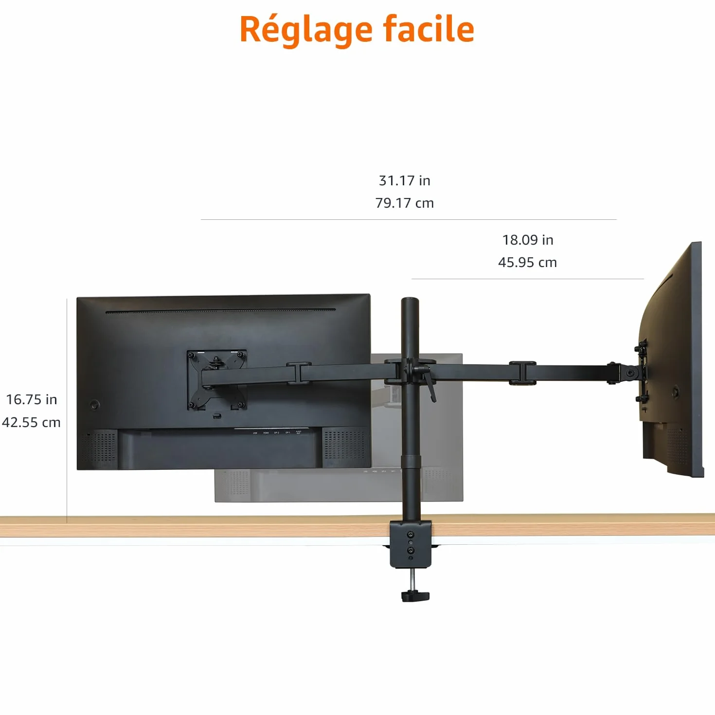 Amazon Basics Support de Bureau Réglable pour Deux Écrans, Compatible VESA 75x75/100x100, Noir