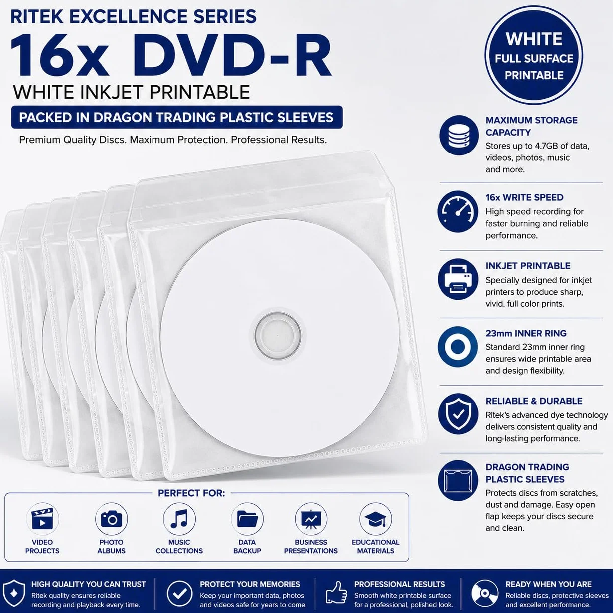 Ritek DVD-R 16x vierges imprimables jet d'encre 20 pièces pochettes plastique rabat Blanc