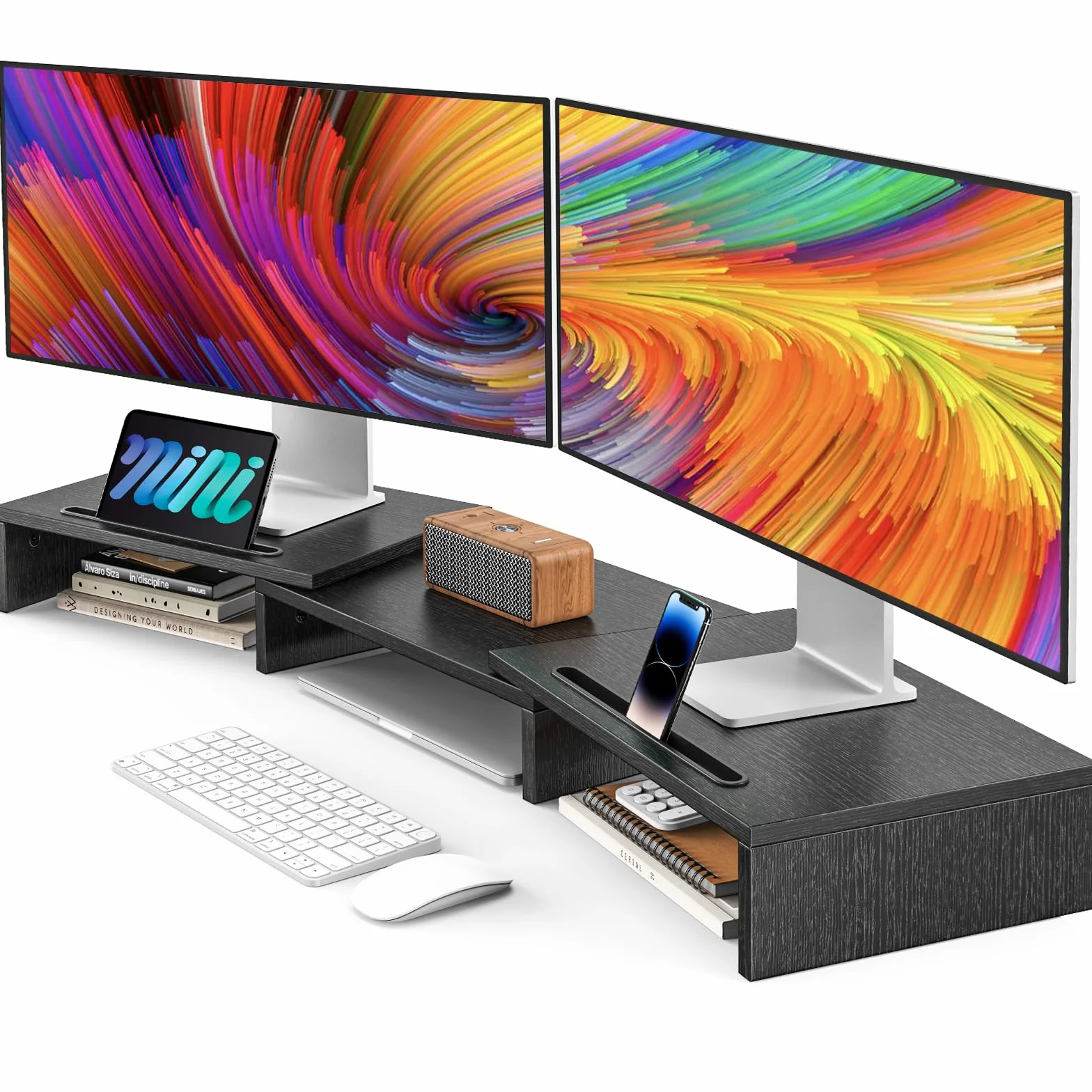 AMERIERGO Support Moniteur Double, Rehausseur Écran PC Bureau Ajustable avec 2 Fentes, Organisateur Bureau Portable
